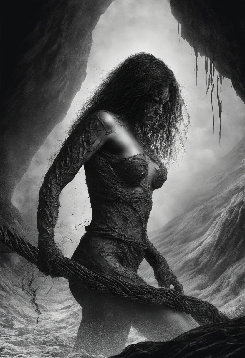 (best quality,4k,highres,masterpiece:1.2),ultra-detailed,physically-based rendering,realistic,shibari bondage,tied nude asian woman with intricate rope bondage,struggling in a volcano,lava pit,erotic art,sensual lighting,vivid colors, active volcano, lava