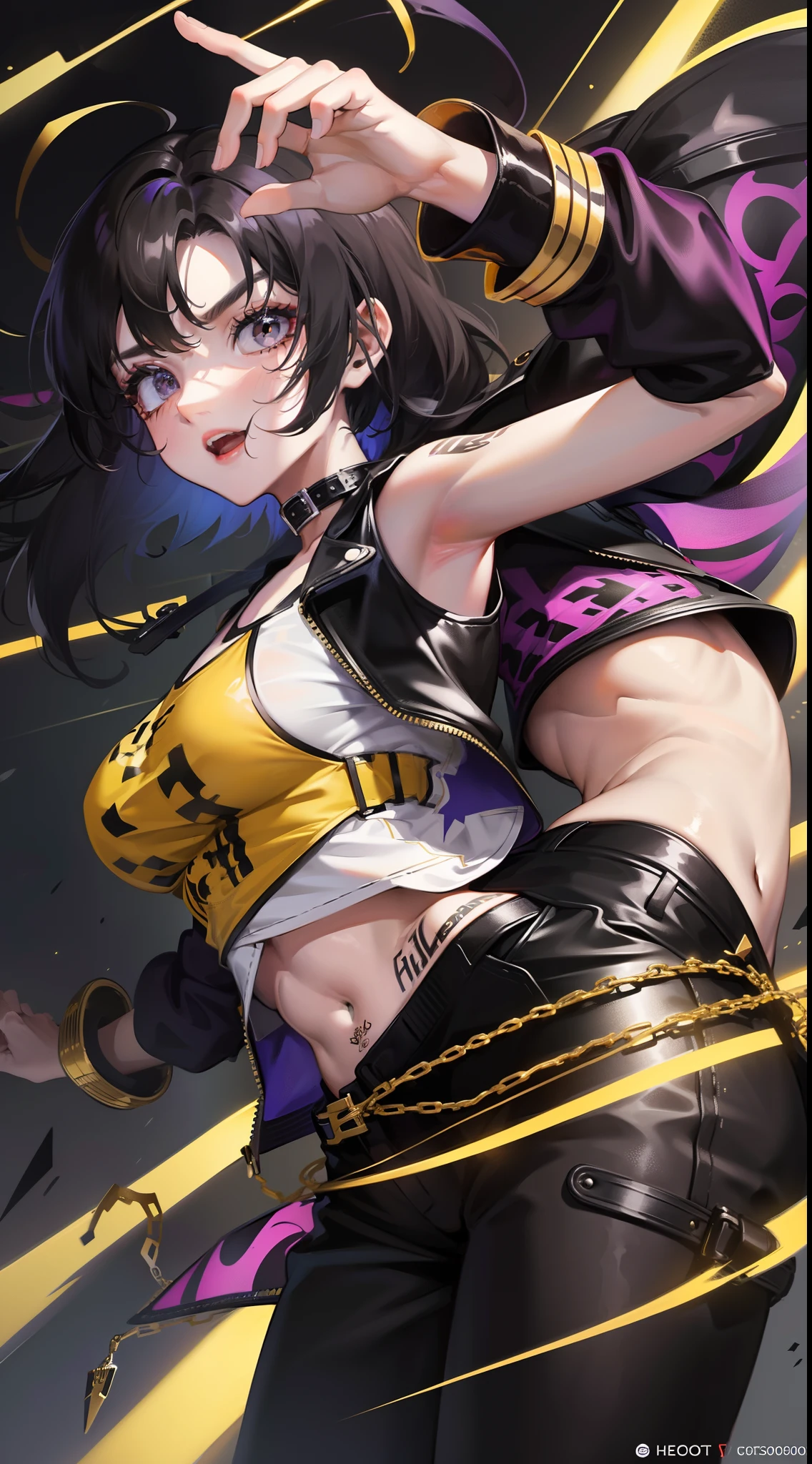 young girl, Long black hair, Black Eyes, purple tight top, baggy pants, Gold patterns, Tatoo, anger, lightning bolts, Masterpiece, hiquality, 4k, HD, Good detail
