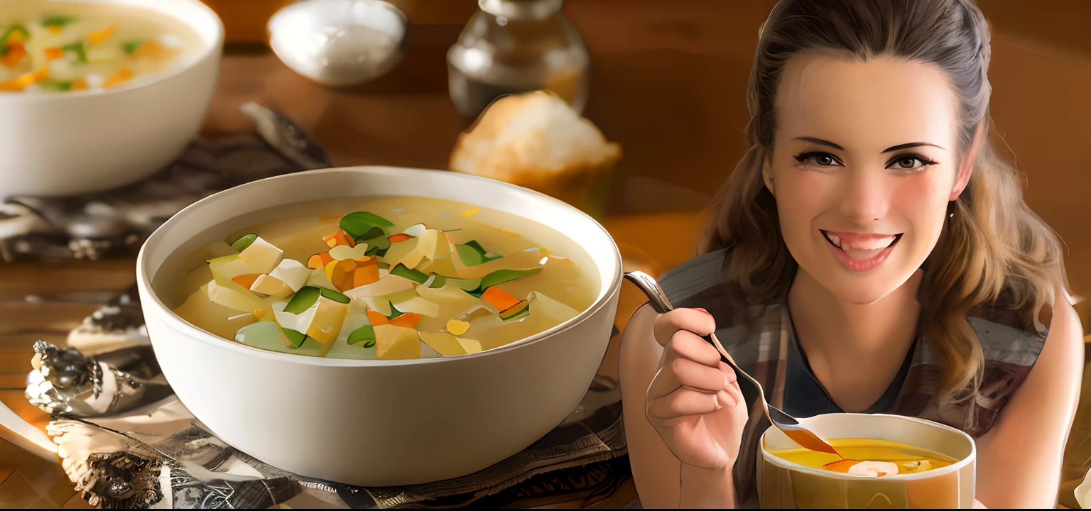 smiling woman holding a spoon and bowl of soup with a bowl of soup in front of her, soup, closeup photograph, good souph, beauty shot, wide portrait, portrait shot, promo image, high quality photos, closeup shot, still photograph, close up photograph, full color still, photo still, inspired by Albert Anker, photo taken with provia, photograp