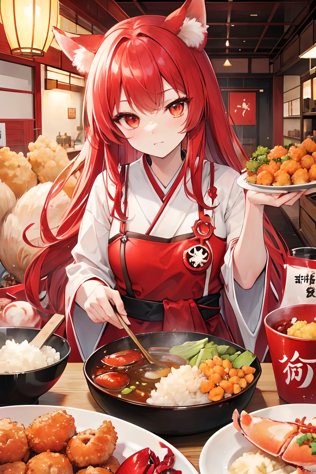 red tinted hair,Red fox ears,Golden eyes,seafood,crabs,tempura,Rice balls,japanses clothes