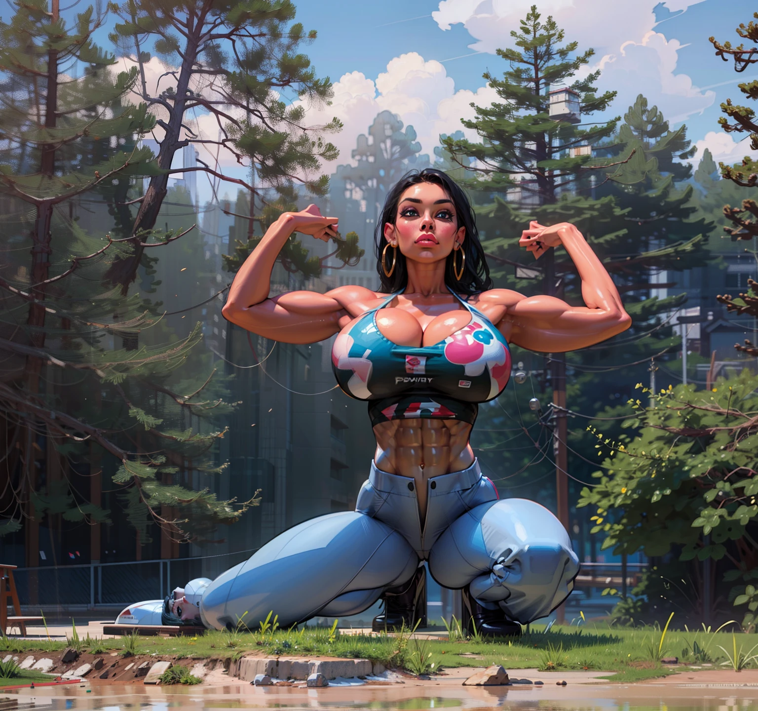Muscular woman, beautiful, slacks, tube top,black hair, porcelain skin tone, gigantic breasts, highly detailed, masterpiece, slendered abs, puffy lips