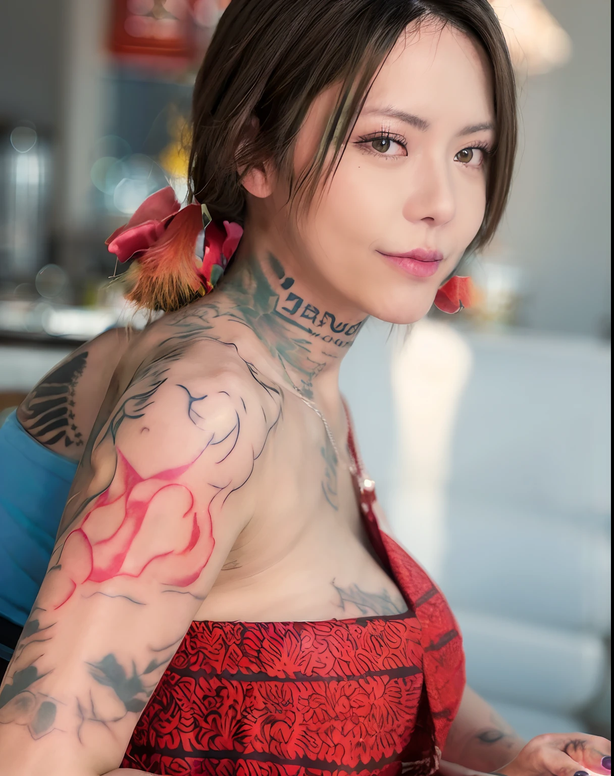 there is a woman with a tattoo on her arm holding a plate of food, with tattoos, inked and colored, inked, anna nikonova aka newmilky, of taiwanese girl with tattoos, tattooed, 🤤 girl portrait, angelawhite, tattoo sleeve on her right arm, tattoos, taken with canon eos 5 d mark iv, tattoos and piercings, shoulder tattoo