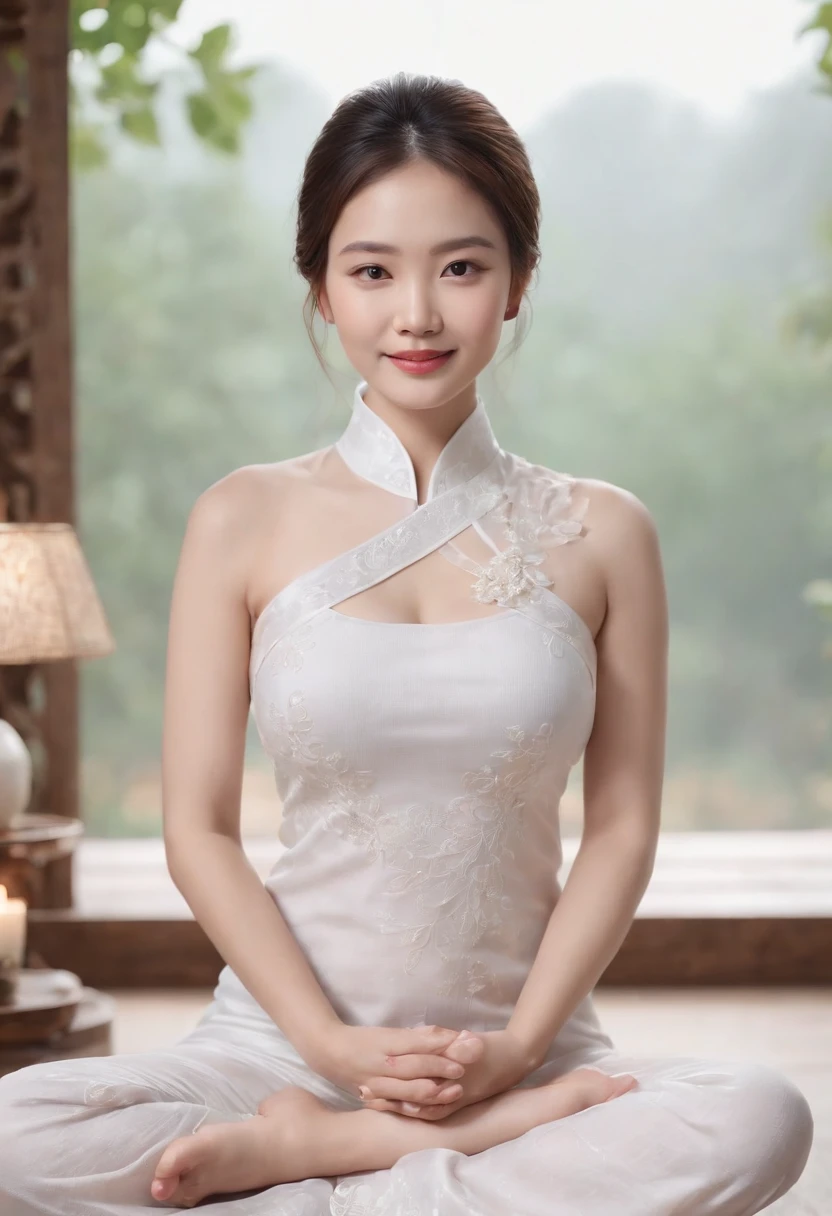Image of a cheongsam woman,the breasts are large,With a mother's smile, Detailed face, Wear white transparent clothes,Sit cross-legged on a warm meditation mat and meditate, Bright room. Candles are visible all around you, Symbolizes peace and relaxation. Flowers in his hand, The background is a natural and active painting、Quotes for inner happiness and prosperity, Particles of Light, Whether the membership activity continues during the renewal period??