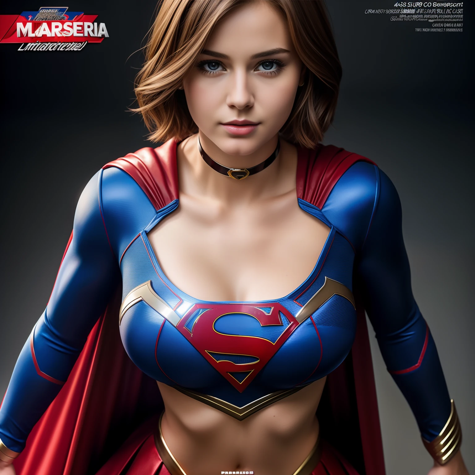 high quality, 4k, 8k, high resolution, masterpiece:1.2, ultra-detailed, realistic:1.37, super masterpiece, short-haired supergirl, big breasts, camera gaze, glossy costume, choker, extremely short miniskirt, magazine cover, cute gestures