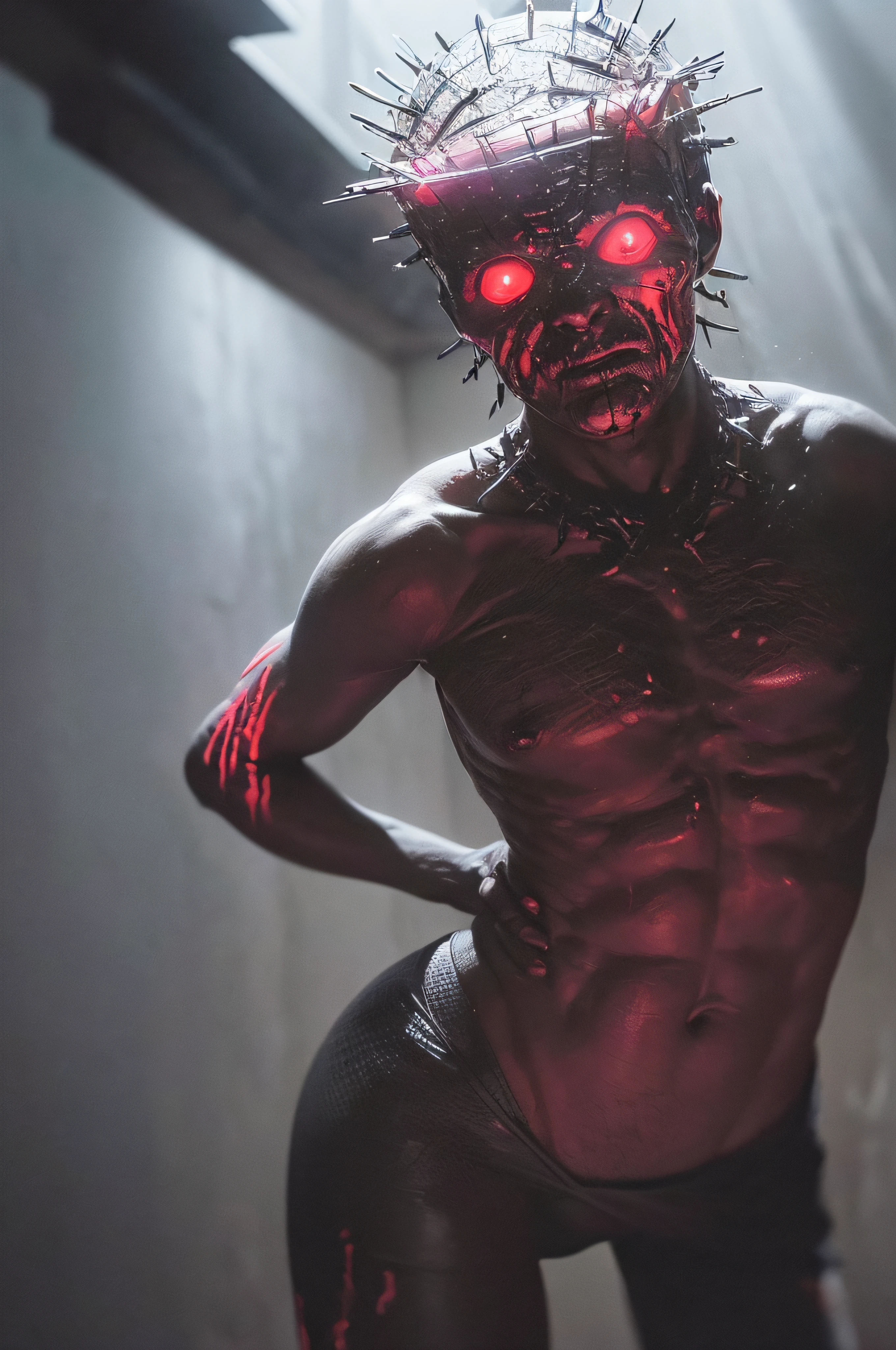 "(The best lighting, oscuro, dramatic),(feto calavera alien, Hellraiser, Cicatrices, , sexy, cerebro, sangre, una rata dentro de la cabeza, terror.),(ojos rojos, calaveras). morning light.