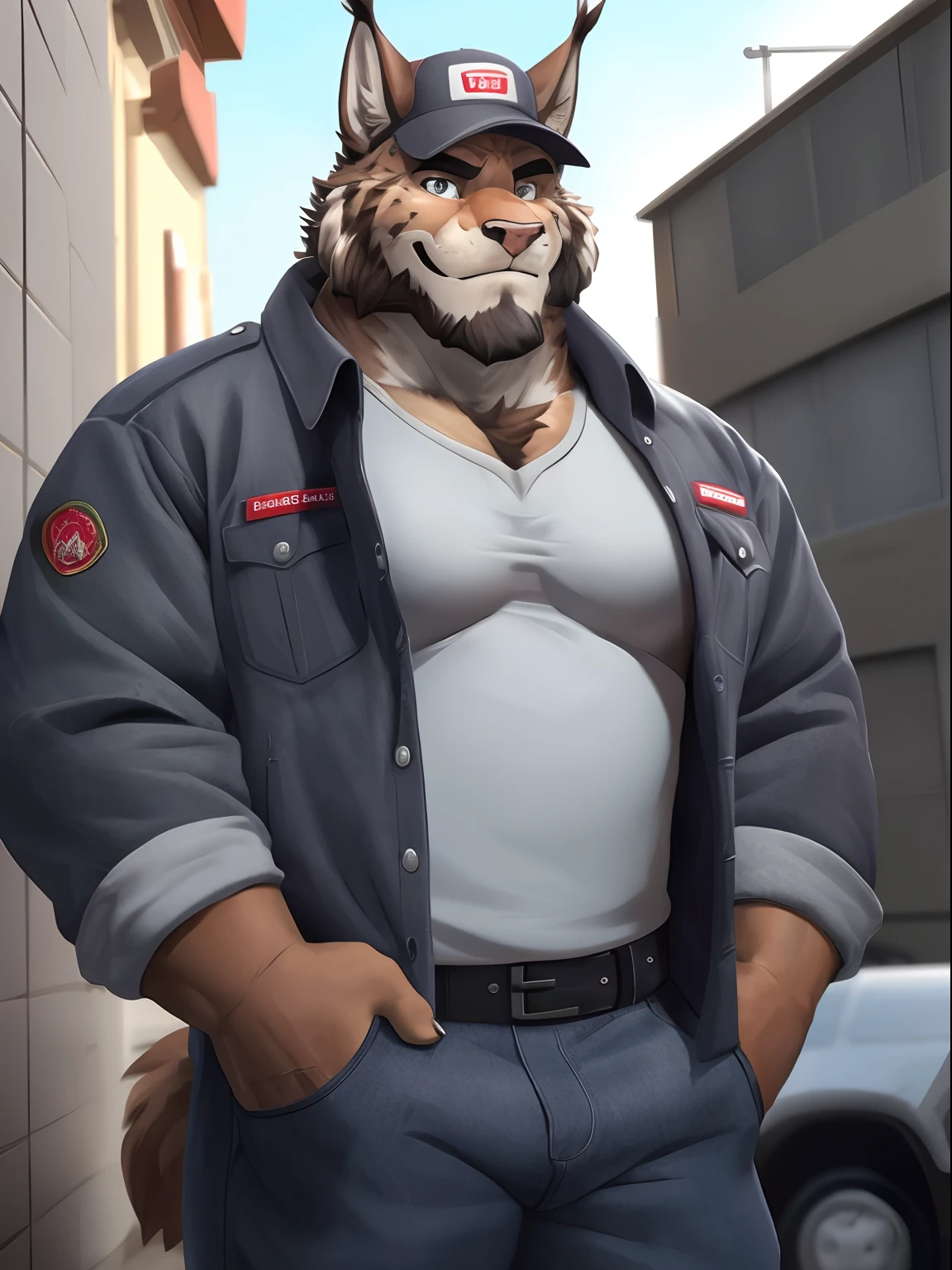 Half portrait, standing straight, an adult male lynx, casual posing, gray furs, brown rosette pattern, mature adult, gruff looking, masculine features, 
sharp eyes, beard, bulky built, medium muscles definition, wearing a working uniform, wearing denim jacket, working as a delivery driver , looking to viewer, facing forward, calm expression (soft smile),