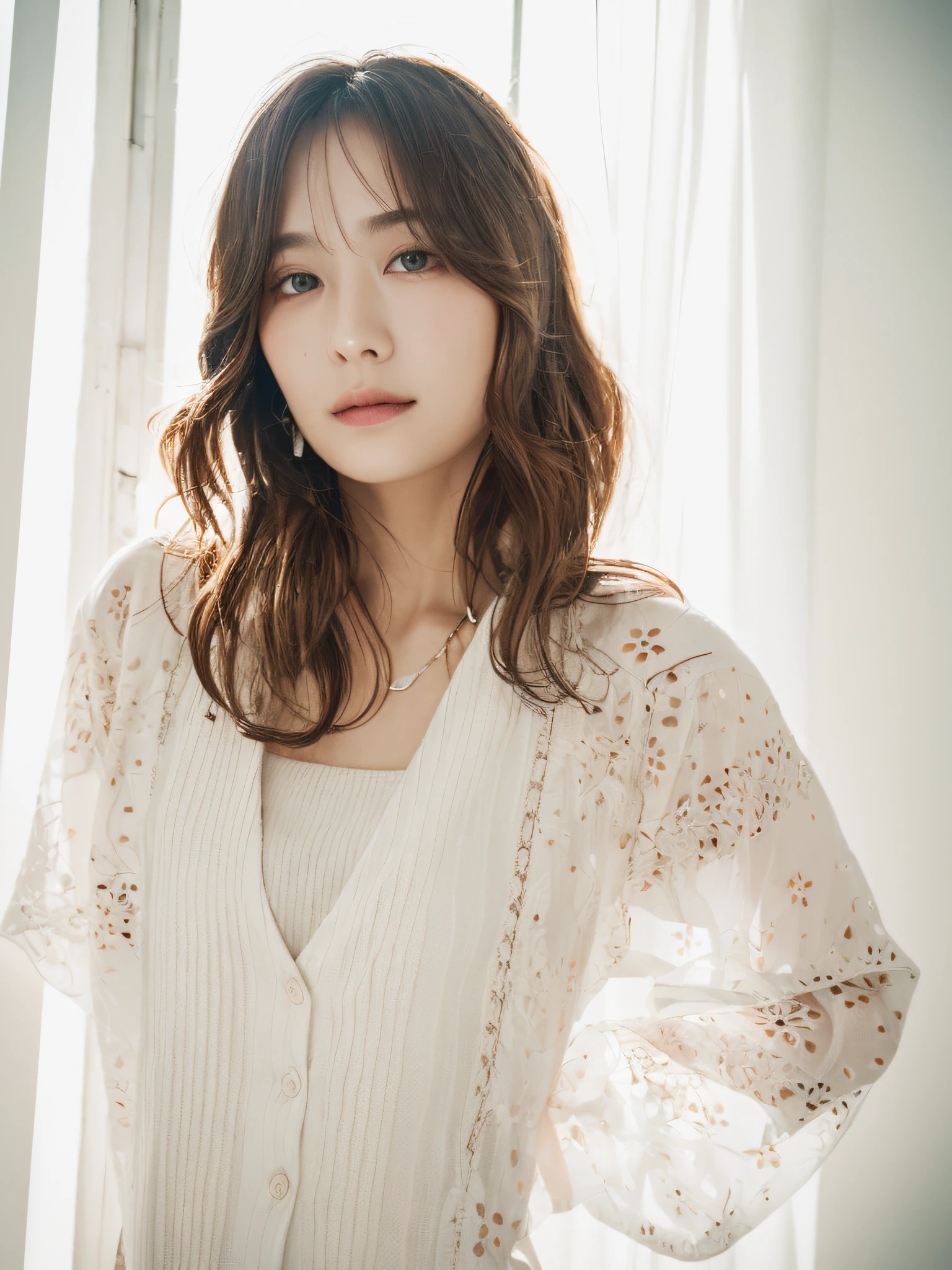 top-quality:1.3、​masterpiece、hight resolution、［1 girl in］、｛独奏｝、Raw photo、Real person、mascara, ,(Textured skin, Skin pores:1.1), (Imperfect skin:1.1) intricate detailes, face perfect, ((Photorealsitic):1.1), (Unripe, 8K:1.2)、Detailed skin、japanes、catchlight、piercings、a necklace、white walls、White Room