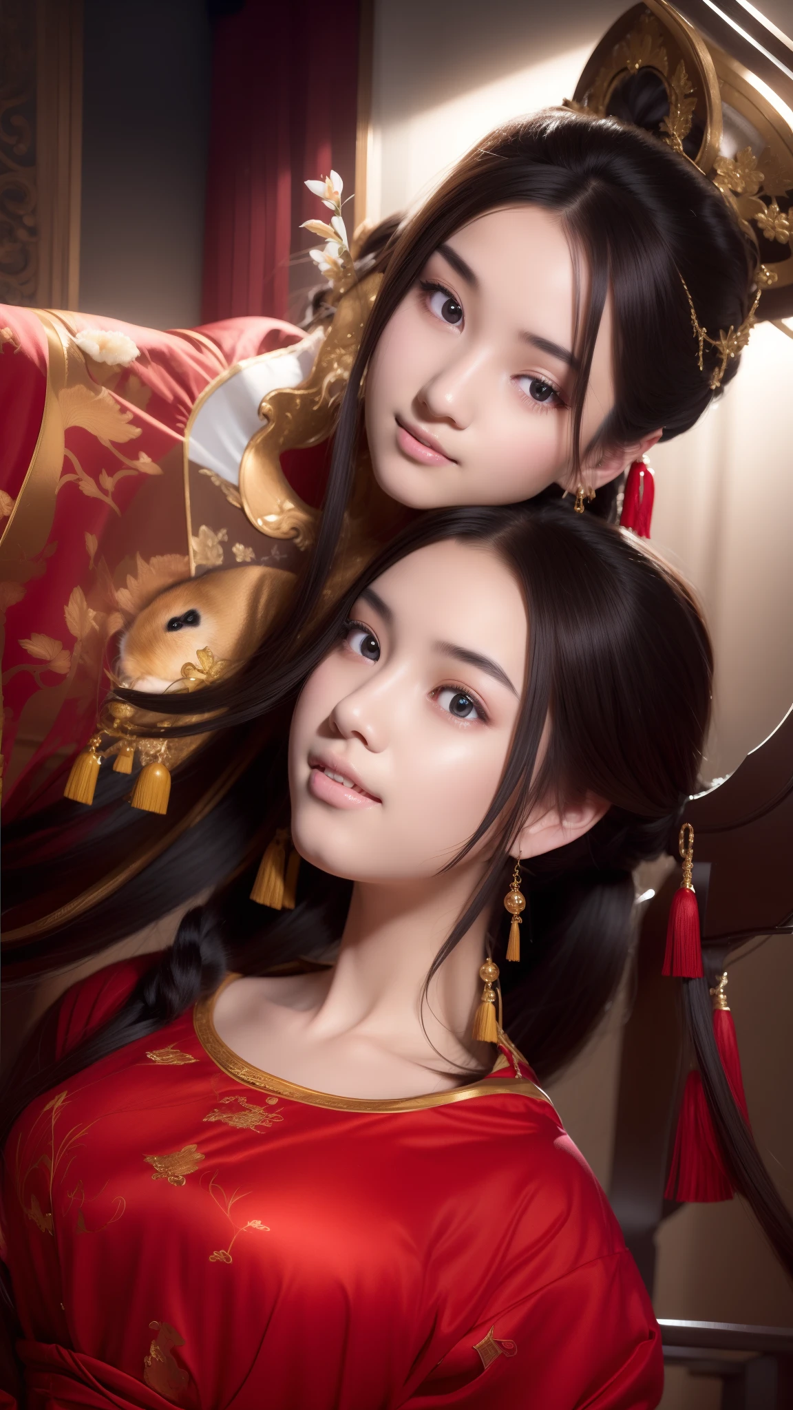 A Chinese girl, 18 years old, (hamster in arms 1.3) (full body picture 1.2), beautiful eyes, real face, real skin, realistic face, realistic skin, detailed eyes, detailed facial features, detailed clothing features, (fashion hairstyle: 1.2) dynamic pose, simple background, smile, detailed face, double eyelids,