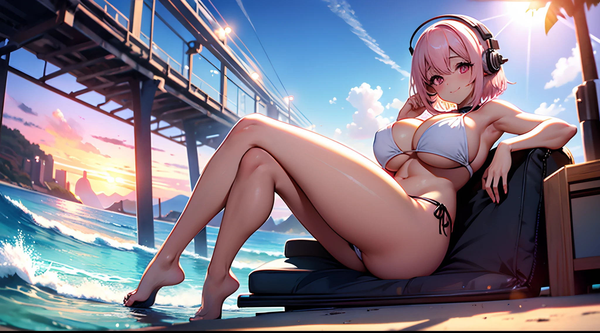 an attractive woman, naked girl, super sonico, solo, happy face, pink short bob hair, long breasts, huge breasts, Pose that shows off the armpits, raise her elbows higher than her head, open her legs wide, half sitting posture, siting on a white beach ball, large hip, navel, blush, spread legs, dark red eyes, looking at viewer, cleavage, Laughter, white bikini, Both elbows are higher than the head ,whole body, No artifacts, only sea waves and vivid sunset horizon background, Plump, Backlit, vivid pink shadow, vivid purple shadow, the body from the side, raise her heels, Composition looking down from the head from a close distance, fisheye lens effect, Fill the screen from head to toe, put your toes in the screen