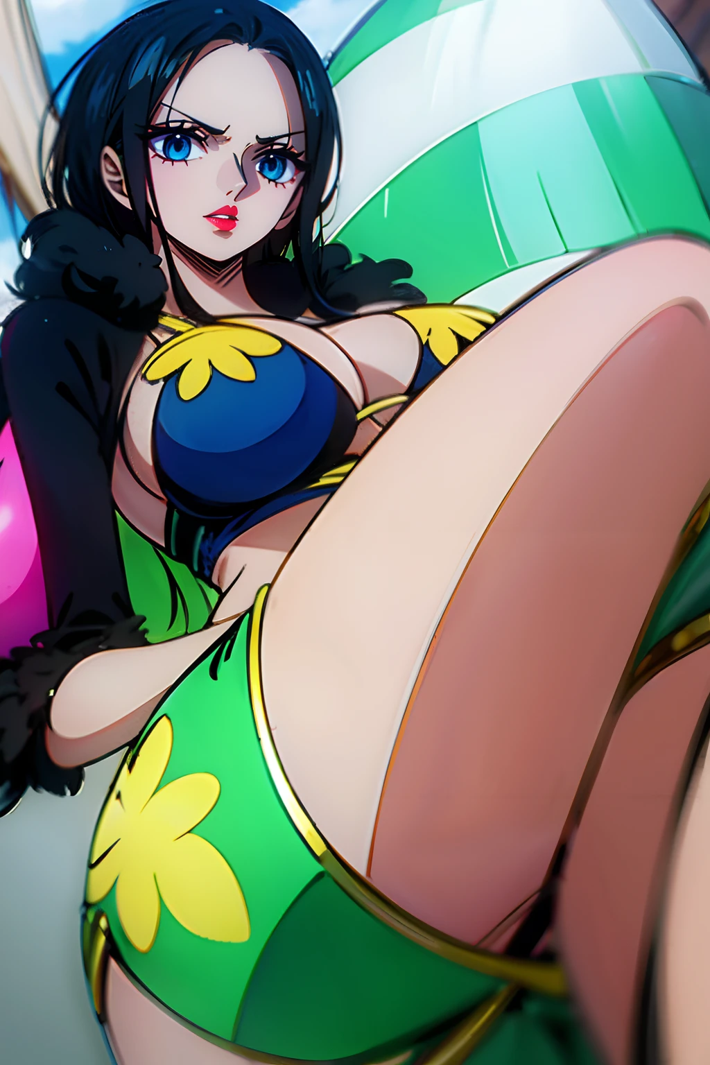 Nico Robin from One Piece wearing a tight black bikini and she’s look happy, high quality eyes, blue green eyes, Shiny eyes, Shiny white skin, puffy red lips, high quality lips, showing the ass, big ass, big boobs, best quality.