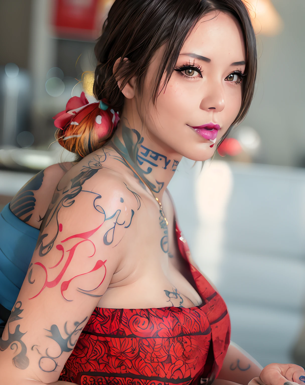 A closeup of a woman with a tattoo on her chest, Sie's chest, taken in early 2020, closeup half body shot, African domme mistress, closeup bust shot, sexy face, red magic surrounds her, smooth red skin, she's about 20, she's about 2 0 years old
Preparing