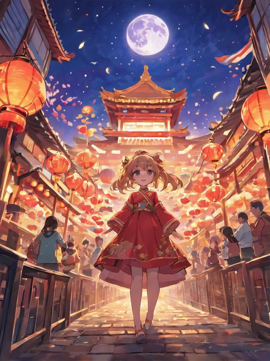Picture style：Cartoon illustration。Background with： On bright nights，The deep blue sky is dotted with twinkling stars，Provides a mysterious backdrop to the picture。The silhouette of the city looms in the distance，High-rise buildings shine in the light，It presents a vibrant and prosperous scene。 Theme element： Mid-Autumn Moon： On the left screen，A huge bright moon hangs high in the sky，Details on the lunar surface are clearly visible，Presents mountains and craters。The motifs on the moon depict the symbol of the Mid-Autumn Festival，Including rabbits, etc。 National Day flag： The right side of the screen，The five-star red flag is displayed in the wind，Its bright colors represent the strength and prosperity of the country。 Celebrate the crowd： Under the five-star red flag，A crowd of cheerful people gathered，Hold a variety of lanterns、Fireworks and fireworks，Celebrate National Day together，They are filled with happiness and the joy of reunion。 Core scene： An old bridge spans the center of the picture，It connects the two shores of the city。Family and friends on the bridge are reunited，Enjoy the beautiful moon and National Day fireworks together。They shared mooncakes from the Mid-Autumn Festival and cakes from the National Day，Symbolizes unity and harmony。