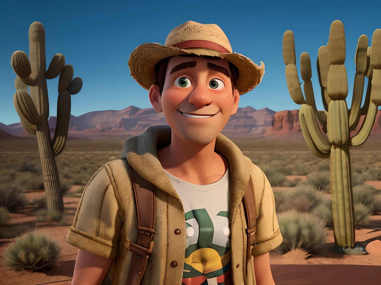 Man in hat and jacket standing in front of a cactus, pixar renderman render, CGI antigo 3 d renderizado Bryce 3 d, animated film, pixar retrato 8 k foto, 3 d animated movie, animation movie still, Representado como um personagem da Pixar, Ainda de um filme da Pixar de 2015, personagem pixar, renderizar na pixar