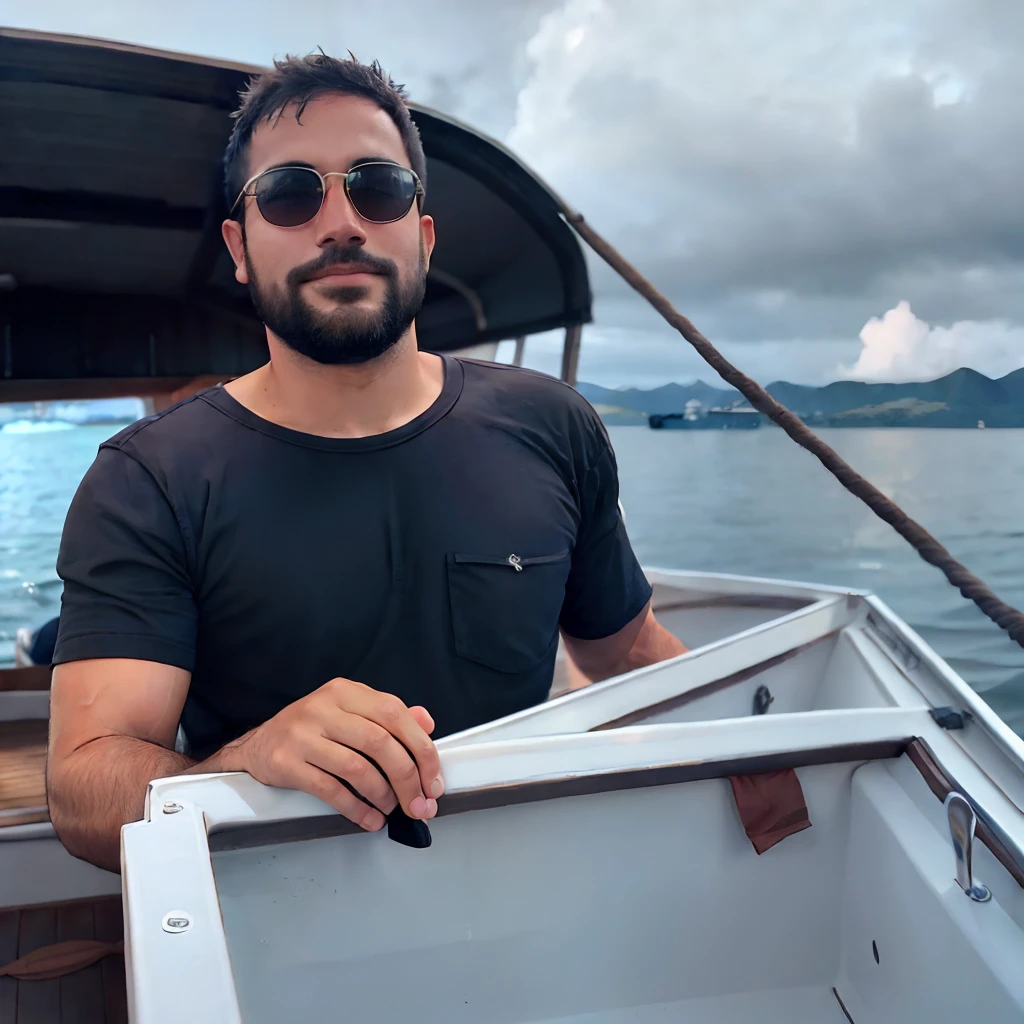 There is a man who is standing in a boat with a window, em um barco, em um barco em um lago, Homem de 26 anos em um veleiro, no mar, em um iate no mar, com montanhas ao fundo, em um super iate, no oceano, andres rios, Aykut Aydogdu