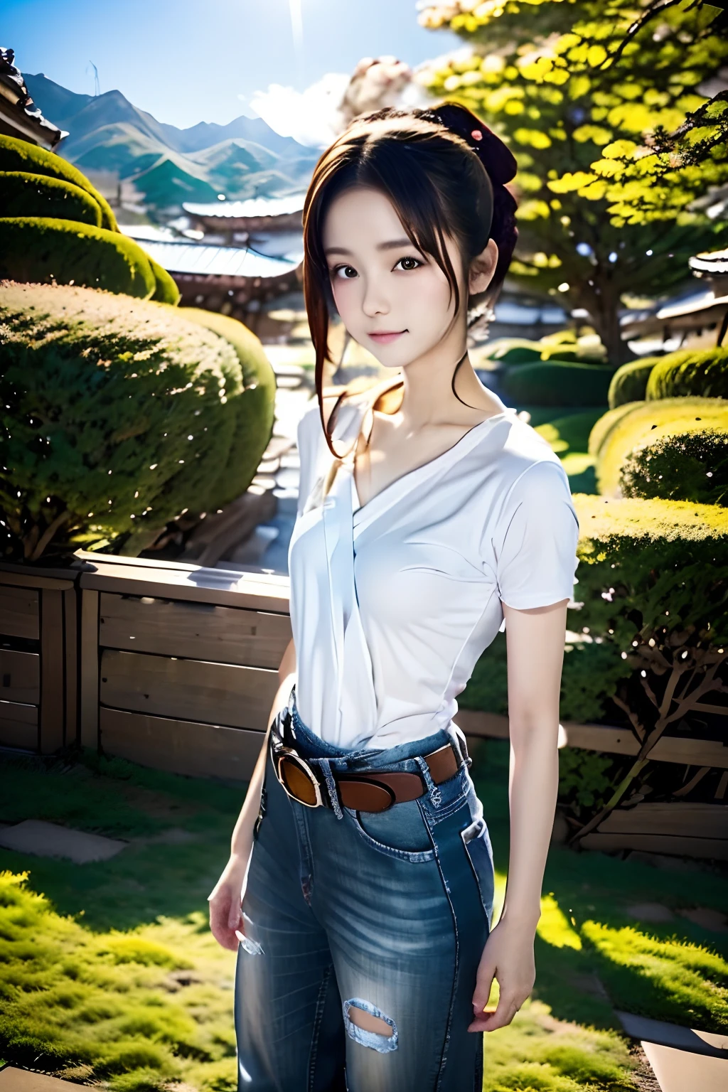 hight resolution、 One beautiful 14 year old girl、 (Soft Saturation:1.3)、(light skinned:1.2)、 (hyper detailed background、细致背景)、bokeh dof、14years、teens girl、tshirts、Old Denim、buckles、a belt、Stylish dressing、When viewed from the front、The composition is symmetrical、、Break Towel Wrap、Towel wrap、middlebreasts、 outside of house、Uncharted、Skysky、rays of sunshine、Hot Spring Resorts、mountainscape、 strong lights、front lit、 (teen ager:1.3)、(cowboy  shot:1.2)、Break angle from the front、 looking at viewert、 dynamicposes、 plein air、cherryblossom、cherry trees、The cherry tree