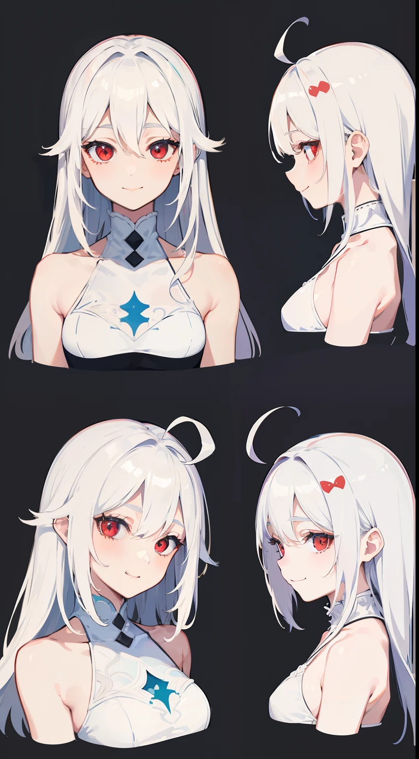 vtuber model, silver hair, grey hair, long hair, straight hair, expressive hair, heart-shaped pupils, dilated pupils, embarrassed, blush, blue eyes, heart in eye, naughty, Conceptual art, modern, anime style, anime, reference sheet, multiple views, from behind, from below, from side, UHD, masterpiece, anatomically correct, super detail, textured skin, high details, high quality, best quality, highres, 8k, art concep, character design, teen