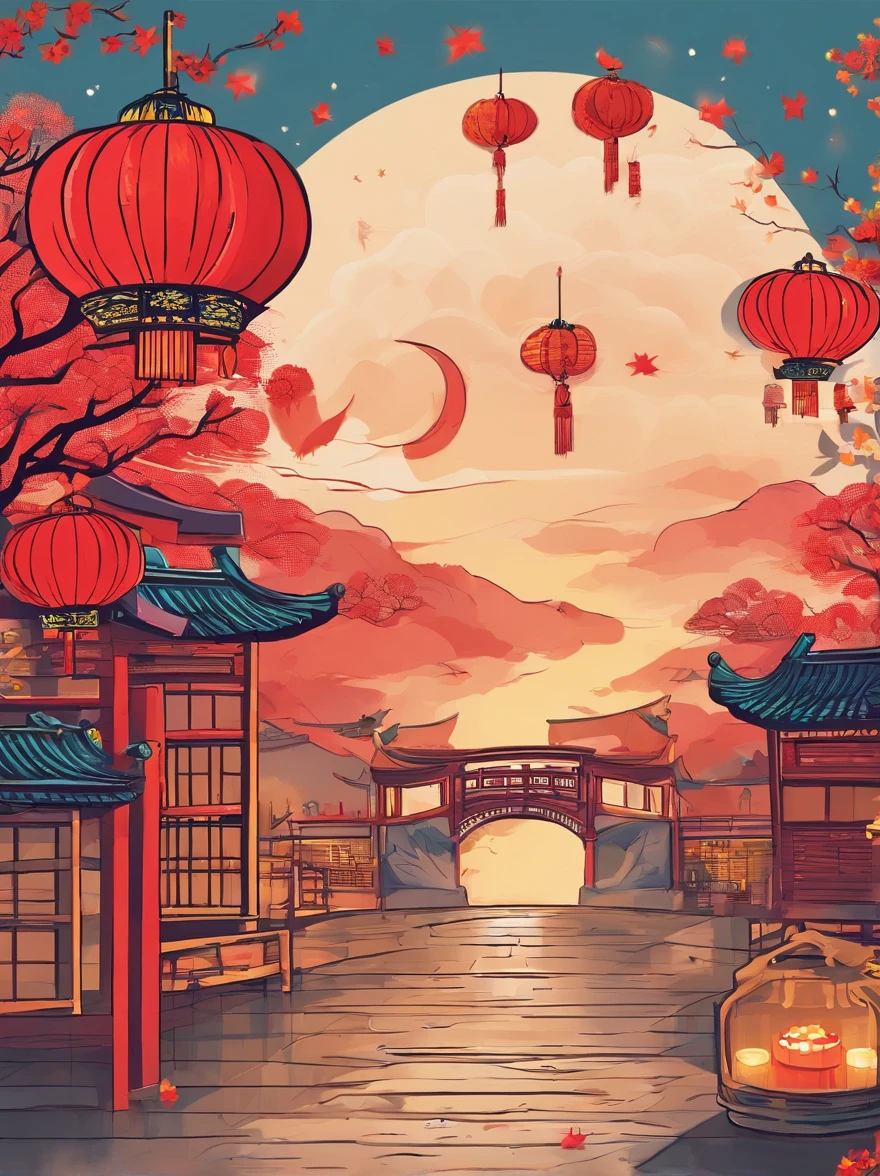 Theme element: Mid-Autumn Moon: On the left screen,A huge bright moon hangs high in the sky,Details on the lunar surface are clearly visible,Presents mountains and craters。The motifs on the moon depict the symbol of the Mid-Autumn Festival,Including rabbits, etc。 National Day flag: The right side of the screen,The five-star red flag is displayed in the wind,Its bright colors represent the strength and prosperity of the country。 Celebrate the crowd: Under the five-star red flag,A crowd of cheerful people gathered,Hold a variety of lanterns、Fireworks and fireworks,Celebrate National Day together,They are filled with happiness and the joy of reunion。 Core scene: An old bridge spans the center of the picture,It connects the two shores of the city。Family and friends on the bridge are reunited,Enjoy the beautiful moon and National Day fireworks together。They shared mooncakes from the Mid-Autumn Festival and cakes from the National Day,Symbolizes unity and harmony。
