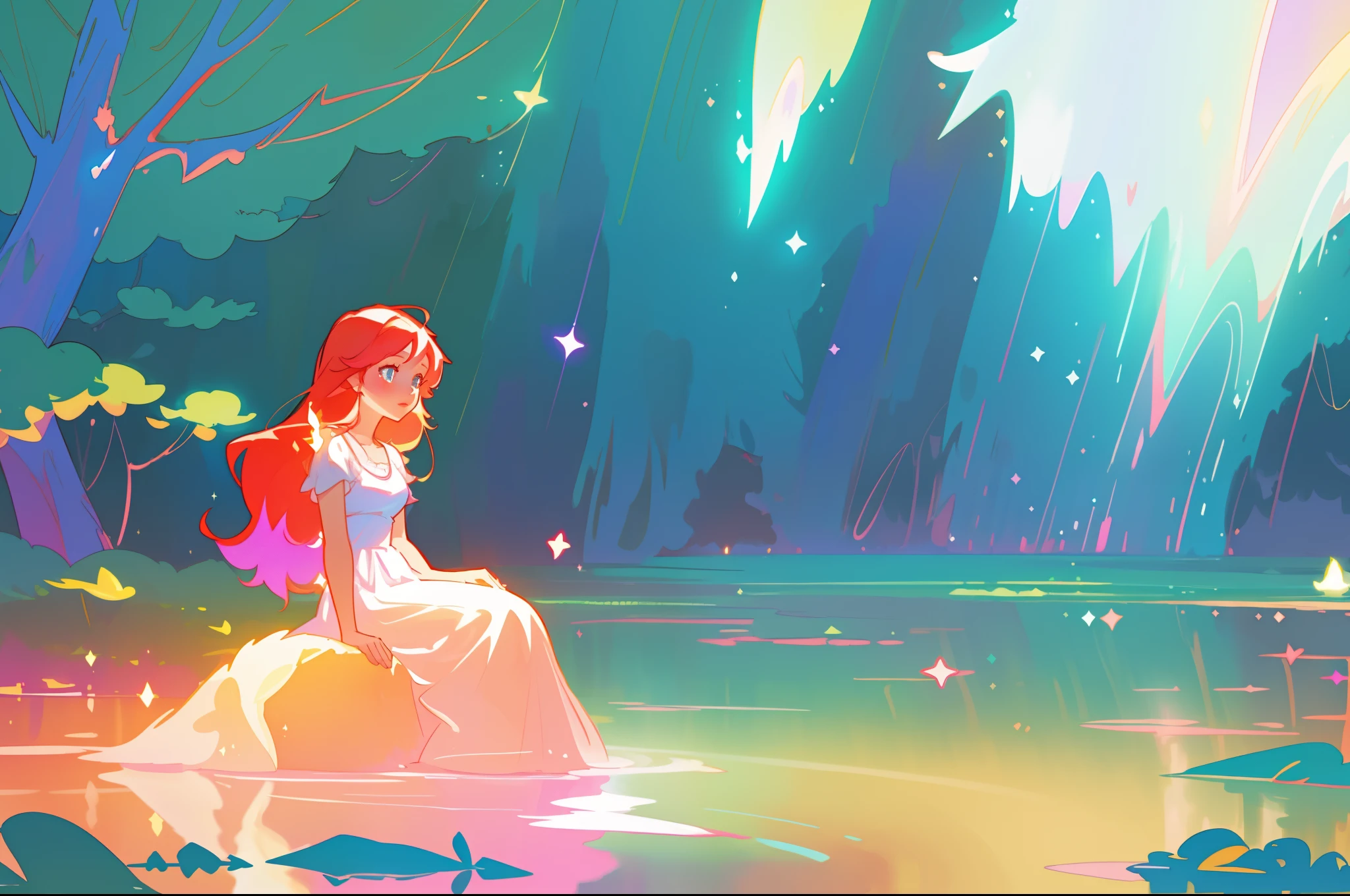 beautiful girl sitting in the water , beautiful girl in white dress, vibrant pastel colors, (colorful), magical lights, long red hair , sparkling lights, fairy lights, inspired by Glen Keane, inspired by Lois van Baarle, disney art style, by Lois van Baarle, glowing aura around her, by Glen Keane, jen bartel, glowing lights! digital painting, flowing glowing hair, glowing flowing hair, beautiful digital illustration, whimsical, magical, fantasy, beautiful face, ((masterpiece, best quality)), intricate details, highly detailed, sharp focus, 8k resolution, sparkling detailed eyes, liquid watercolor, forest landscape background