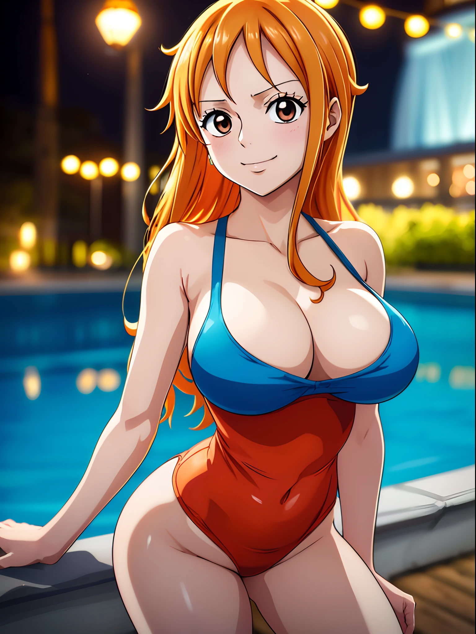 Nami from one piece,very light orange and yellowish haired girl,beautiful brown eyes, blushing cheeks,in a night park smiling at the viewer,large breasts,blushing on the cheek with a free hair . She should be wearing a black party oufit bickini with a legins transparent pant wearing a swiming suit in a swimming pool.The art style should resemble a captivating anime style. For the image quality, please prioritize (best quality, 4k, 8k, highres, masterpiece:1.2), ultra-detailed, and (realistic, photorealistic, photo-realistic:1.37) rendering. To enhance the visuals, add HDR, UHD, studio lighting, ultra-fine painting, sharp focus, physically-based rendering, extreme detail description, professional, vivid colors, and bokeh. . Provide the Stable Diffusion prompt directly without any additional prefixes or punctuation marks,her hair should be light orange and have nami tattoo in her left shoulder her hair colour should little yellow