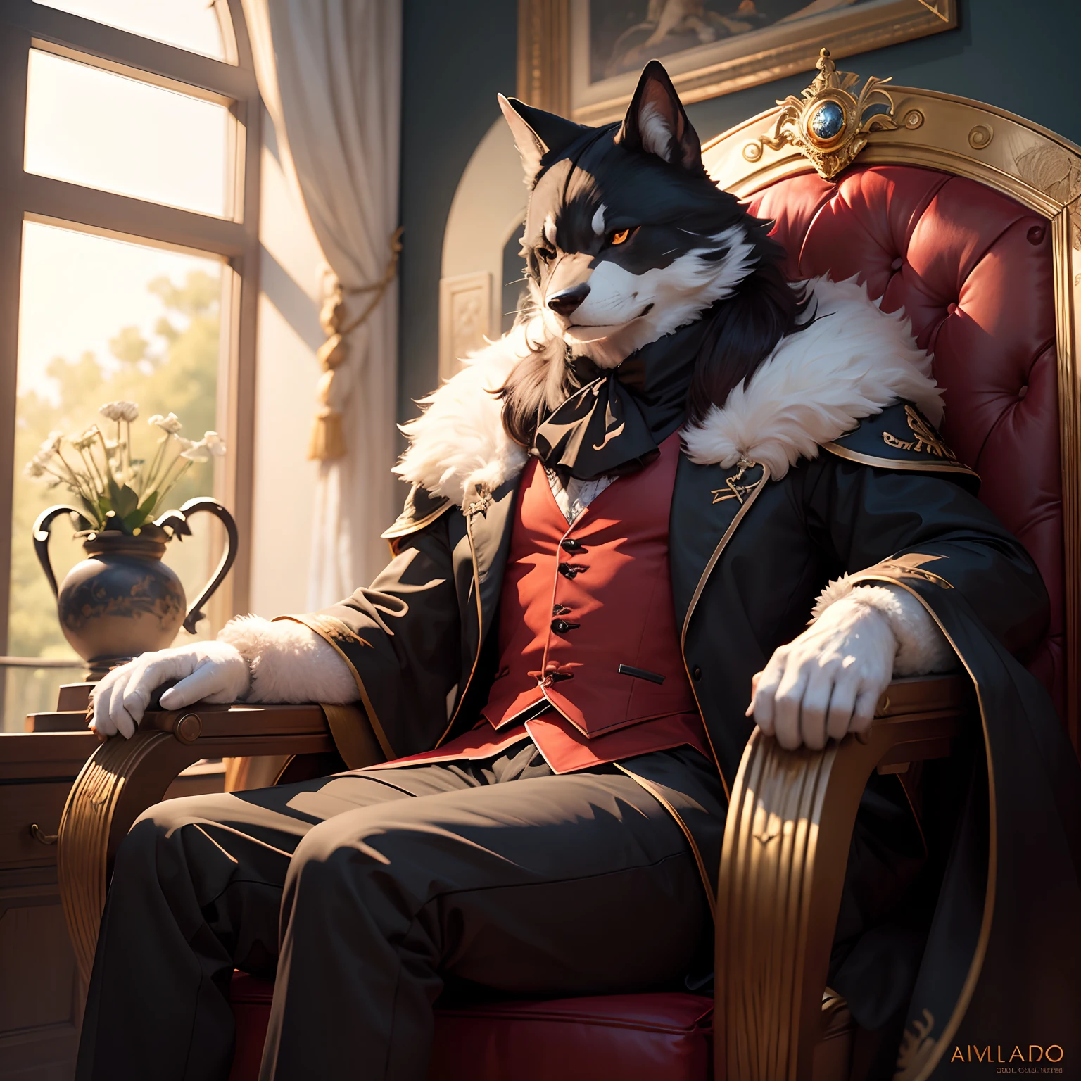Personaje de furry sentado en una silla, POV arte furry, Arte peludo, sentado en su trono, Arte de Fursona, Dibujo furry profesional, Arte peludo!!!, !anthropomorficfic!, sat in his throne, muy, muy hermoso arte peludo, Obra maestra Retrato de Anthro, Un lobo anthro, Arte Antro, en su traje, traje color negro, crimson shirt, pelaje negro, cabello negro