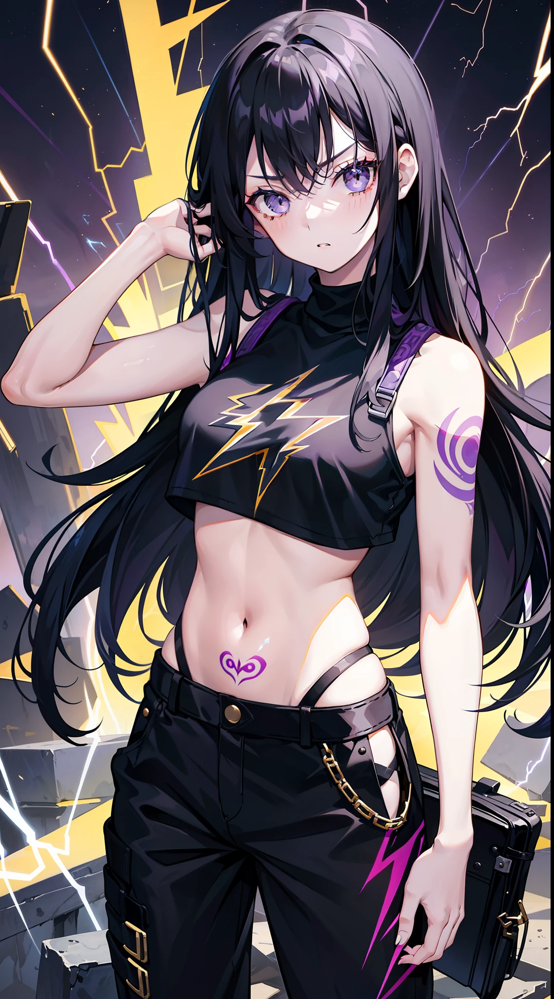 young girl, Long black hair, Black Eyes, purple tight top, baggy pants, Gold patterns, Tatoo, anger, lightning bolts, Masterpiece, hiquality, 4k, HD, Good detail