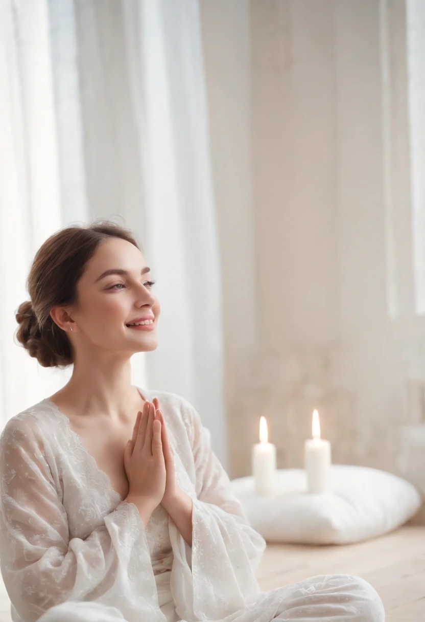 National style woman image,the breasts are large,With a mother's smile, Detailed face, Wear white transparent clothes,Sit cross-legged on a warm meditation mat and meditate, Bright room. Candles are visible all around you, Symbolizes peace and relaxation. Flowers in his hands, The background is a natural and active painting、Quotes of inner happiness and prosperity, Particles of Light.