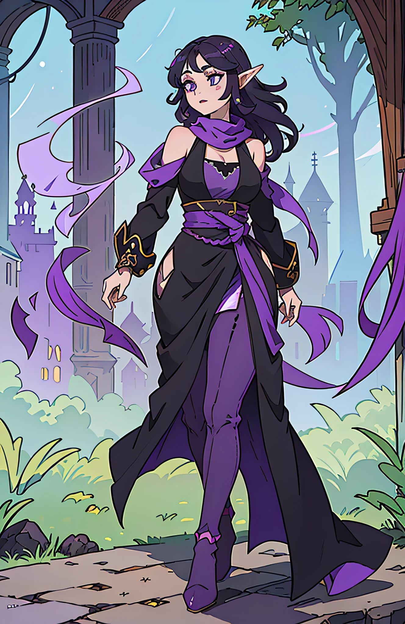 modelshoot style, (extremely detailed CG unity 8k wallpaper), full shot body photo of the most beautiful artwork in the world, beautiful woman, (((vivid purple eyes))), half-elf female wizard, conservatively dressed, modestly dressed, (buttoned up black sleeveless longcoat), (purple sleeves), (tight grey pants), (purple silk scarf), tied back silky shoulder length detailed black hair, (((fully clothed))), (dark gothic makeup), very light brown skin, (enormous breasts), small pointy ears, wide hips, hourglass figure, big booty, beautiful complexion, confident, alluring, gorgeous, Persian, powerful, magical realism, cinematic lighting