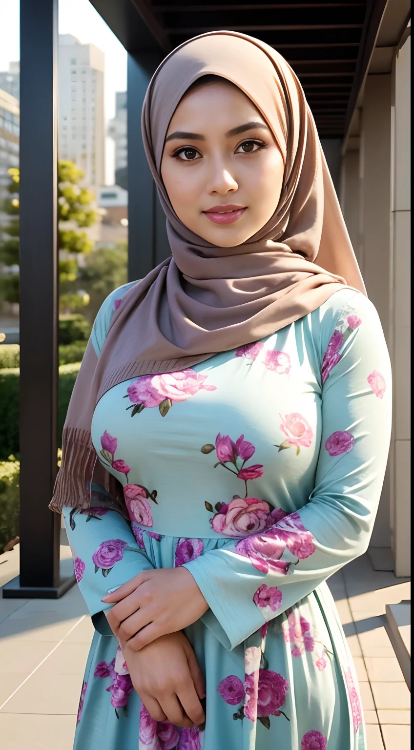 RAW, Best quality, high resolution, masterpiece: 1.3), beautiful Malay woman in hijab,Masterpiece, perfect slim fit body, (Huge breasts), big gorgeous eyes, Soft smile, Delicate turtleneck print sun dress, necklace, shairband, afternoon walk, City garden, Excellent lighting, Bright colors, Clean lines