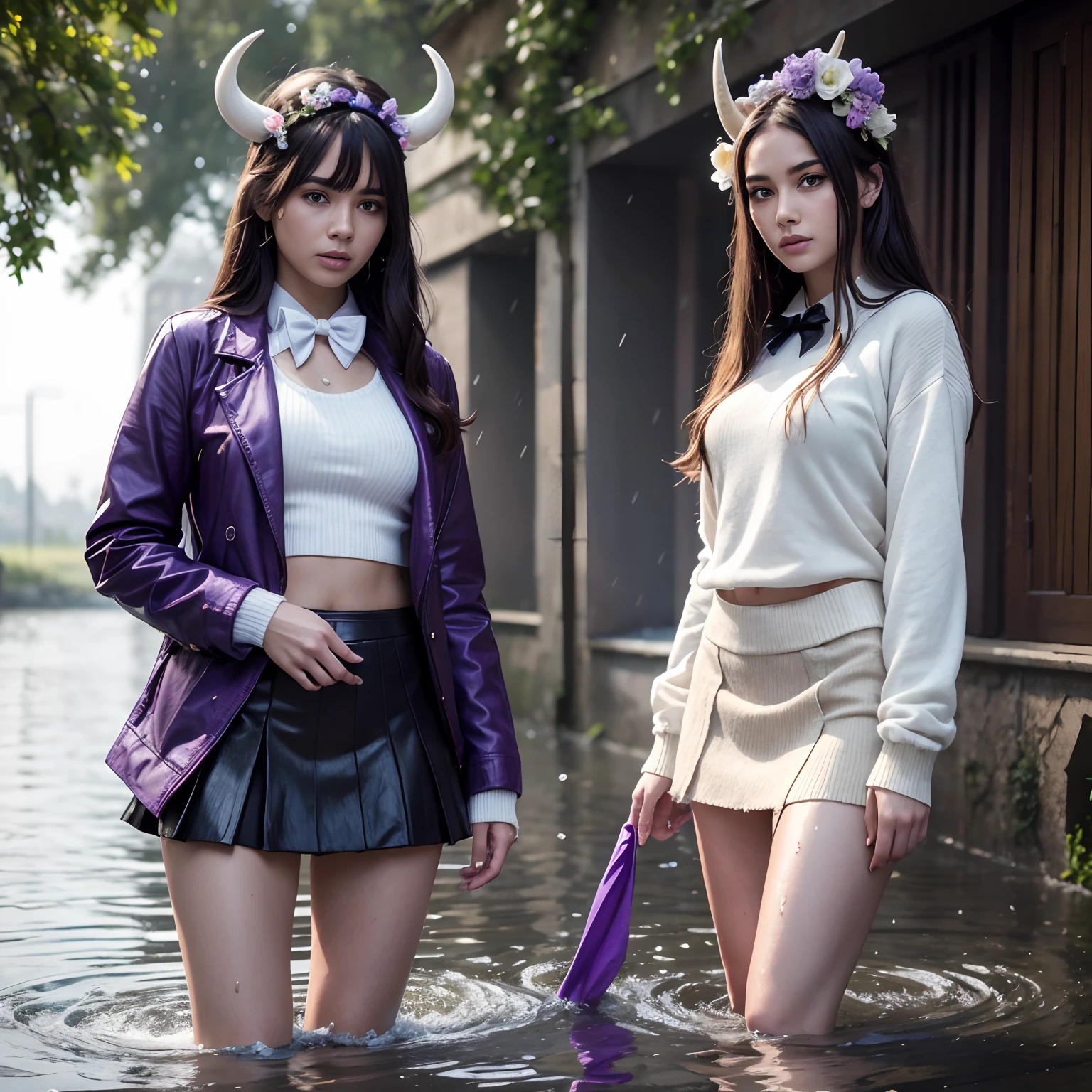 Two women have a water fight, masterpiece, best quality, highres, hmsl1, horned headwear, hair flower, x hair ornament, white sweater, purple jacket, flower, long sleeves, open clothes, black bow, sleeves past wrists, skirt, standing,  soaked,  drenched, wet clothes