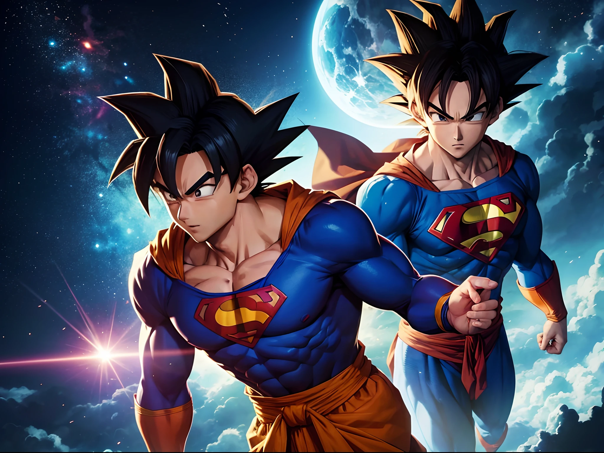 Goku with Superman costume, toei animation style, anime style, anime, bust, Highly detailed, Son Goku with Superman costume, Human ???????, humanoid, Dragon Ball Z Sketch style, 8k resolution, (((alone)))