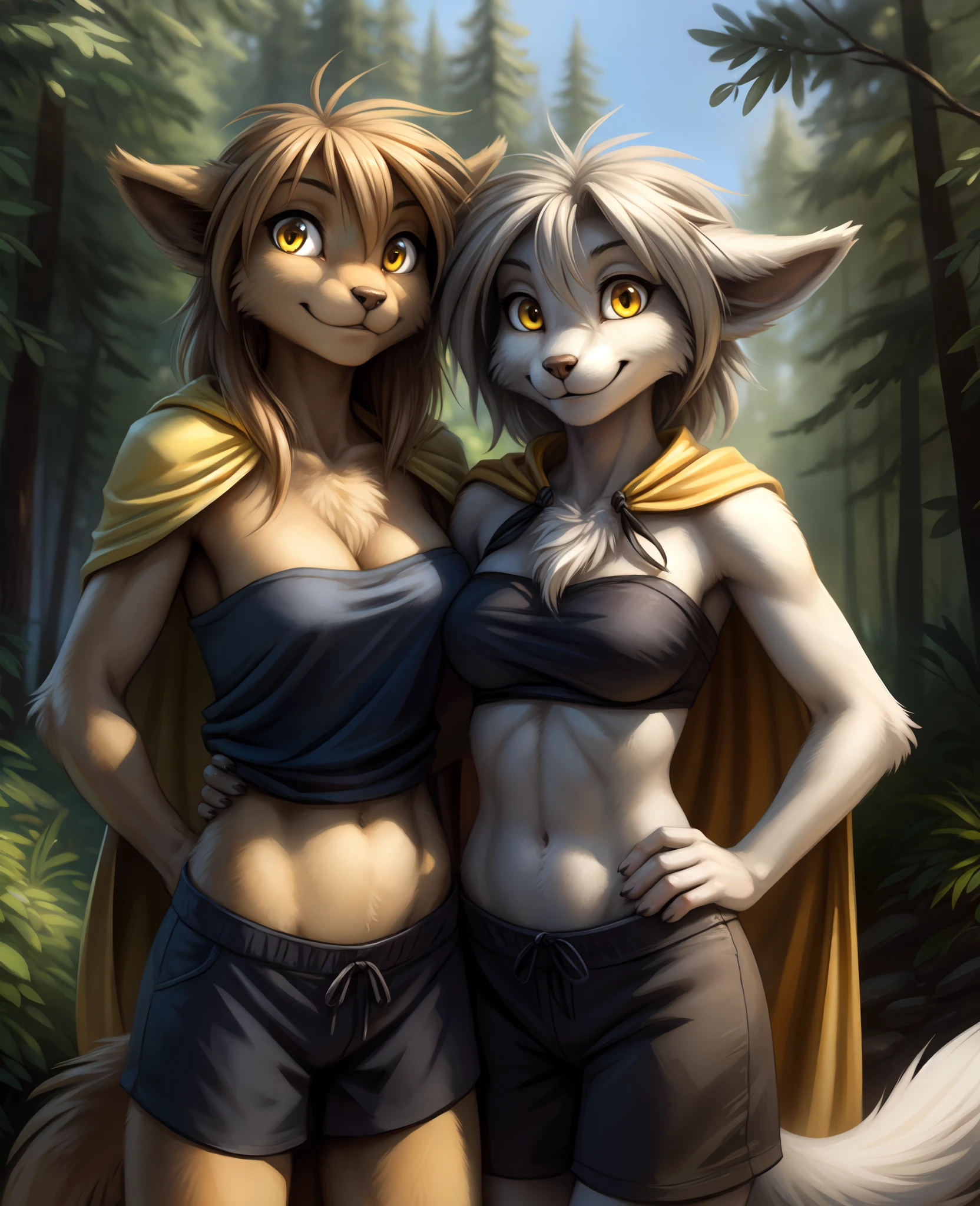 by kenket, by totesfleisch8, (by thebigslick, by silverfox5213:0.8), (by syuro:0.2), chee-riee,, twokinds, tom_fischbach, webcomic_character, webcomic, comic, Madelyn , Madelyn Adelaide, (best quality, masterpiece:1), duo, furry female anthro, yellow eyes, short hair, light brown hair, portrait, finger claws, looking at viewer, tail, ear raised, light brown body, (outdoors dark forest trees blurry blurred background:1.1), black shirt, yellow cape, Break,, furry female anthro raine-silverlock, blue bandeau, dark shorts, standing, long hair, cute pose, wolf tail, looking at viewer, smile, seductive, hand on hips, yellow eyes, white body wolf