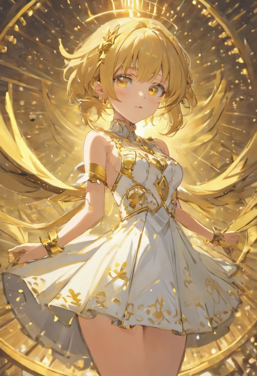 ((Masterpiece)), ((Best Quality)), 8K, HD, Super Detail, (Woman), (White dress studded with yellow gold rims),  The artwork is a masterpiece, with the best quality and super detail, captured in 8K HD. Photographic realistic, realistic, very detailed illustrations realistic, octane rendering