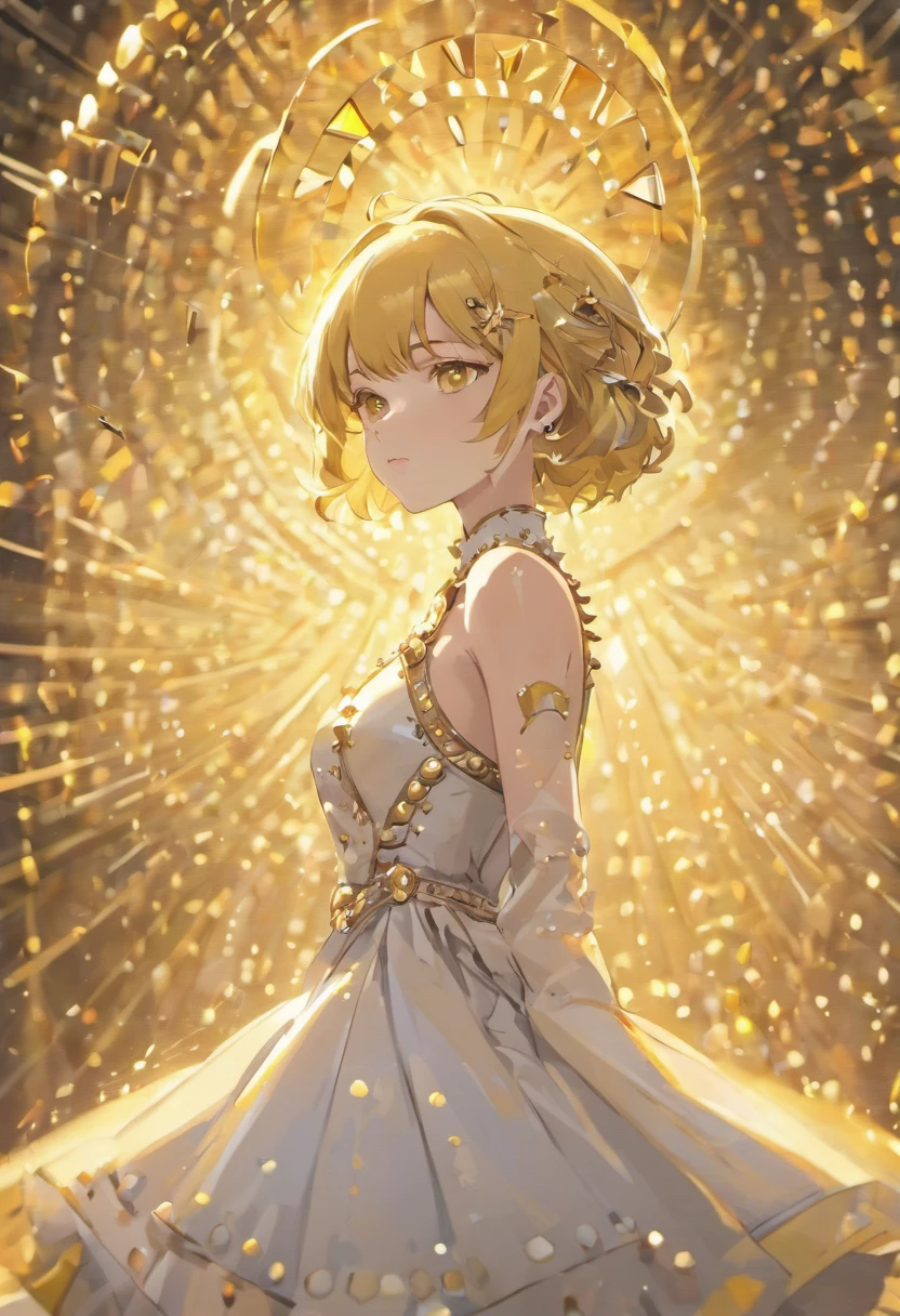 ((Masterpiece)), ((Best Quality)), 8K, HD, Super Detail, (Woman), (White dress studded with yellow gold rims),  The artwork is a masterpiece, with the best quality and super detail, captured in 8K HD. Photographic realistic, realistic, very detailed illustrations realistic, octane rendering