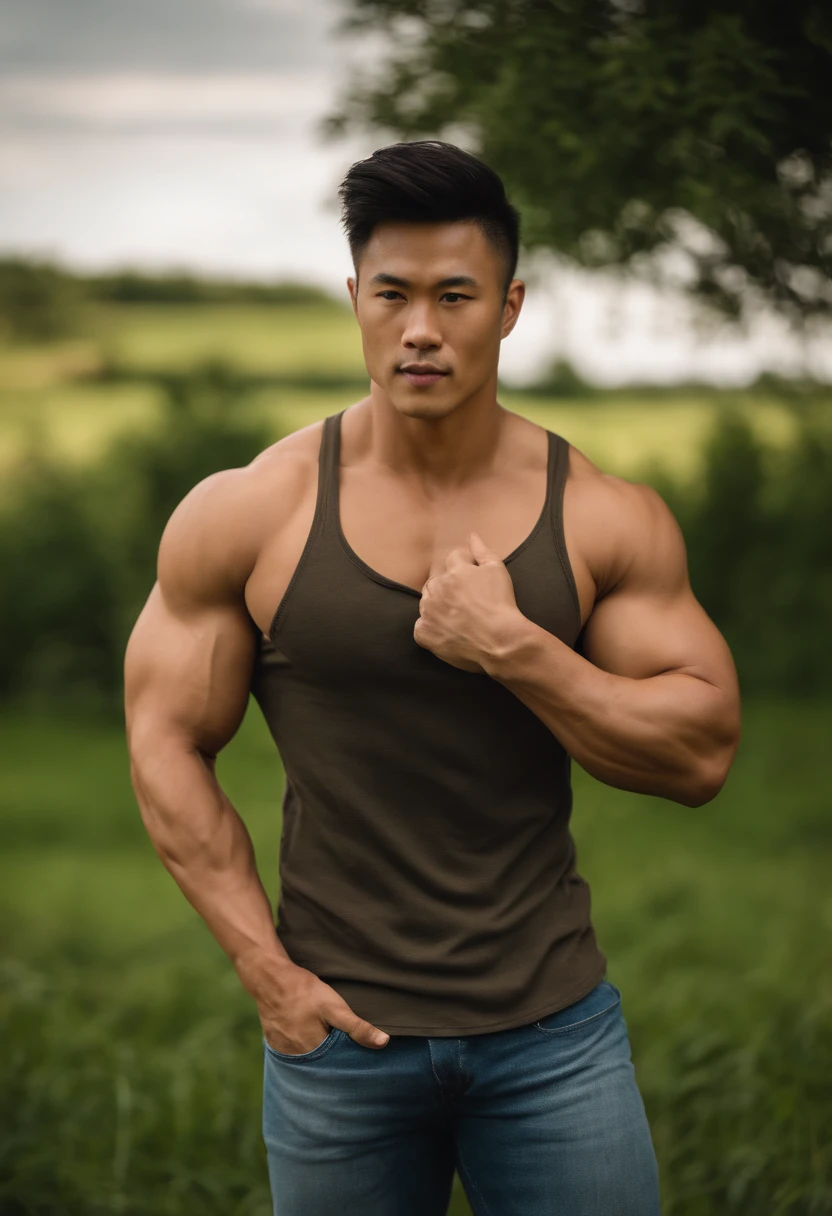 Muscular guy, wearing jeans, unbutton jeans, shirtless, big chest, muscular arms, pan asian, standing, pose manly, at the barn, sunny day with green grass, medium long hair