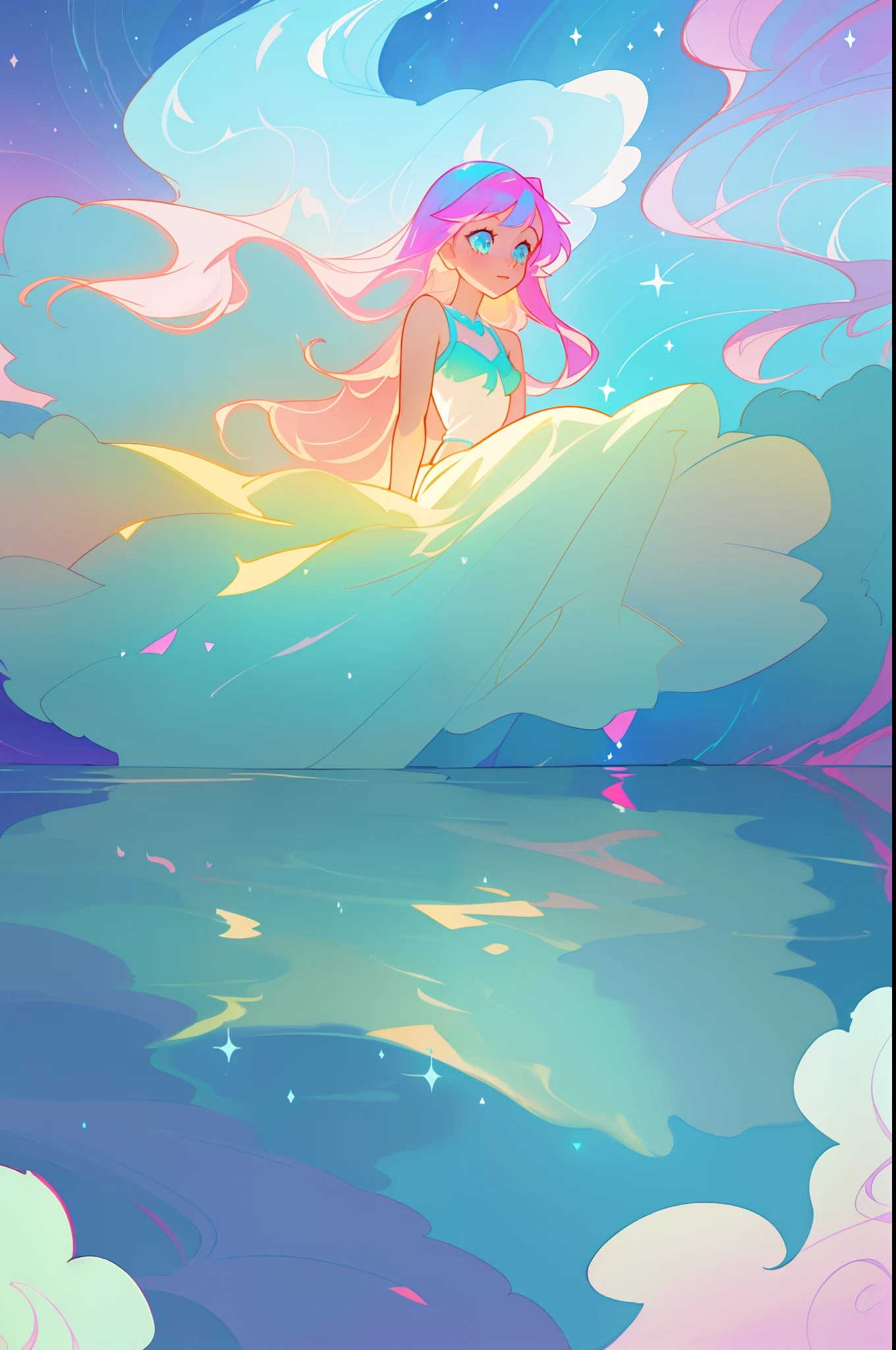 beautiful anime girl sitting by water looking at her reflection, riverbank, beautiful girl in flowing dress, girl looking at her water reflection, nature scene, vibrant pastel colors, (colorful), magical lights, flowing long hair, inspired by Glen Keane, inspired by Lois van Baarle, disney art style, by Lois van Baarle, glowing aura around her, by Glen Keane, jen bartel, glowing lights! digital painting, flowing glowing hair, glowing flowing hair, beautiful digital illustration, whimsical, magical, fantasy, beautiful face, ((masterpiece, best quality)), intricate details, highly detailed, sharp focus, 8k resolution, sparkling detailed eyes, watercolor