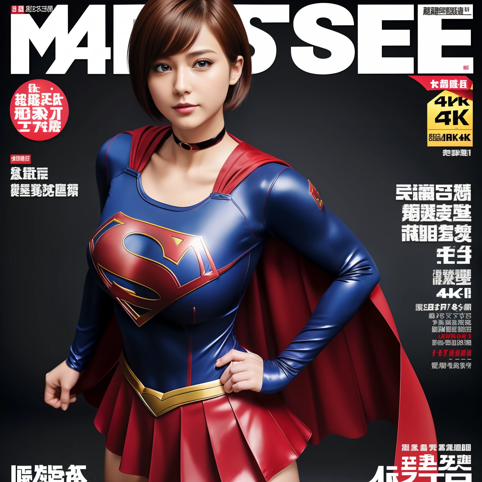 masterpiece、supergirl costume、short hair、barefoot、big and full breasts、Weekly magazine cover、Experimental facility、operating table、Push your chest out and put your hands on your hips、Tattered、shiny、look at the camera、Seduce、choker、red mini skirt、long sleeve、from right in front