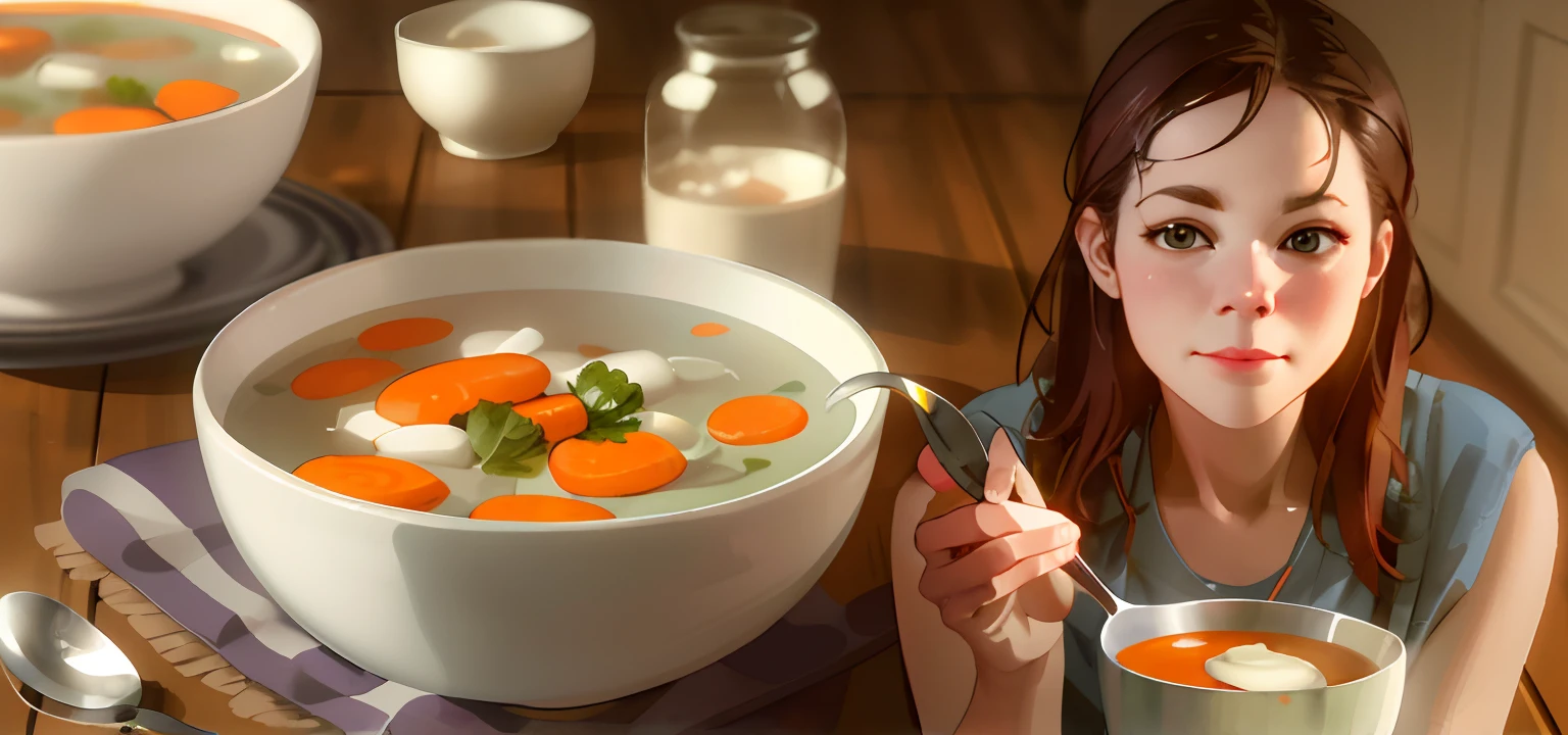 woman holding a spoon and a bowl of soup with carrots and cream, super realistic food picture, soup, good soup, digital render, semi - realistic render, photorealistic digital painting, realistic digital painting, realistic digital illustration, digitally painted, rendering, soft digital painting, soymilk, digital rendering, photorealistic illustration, artistic render