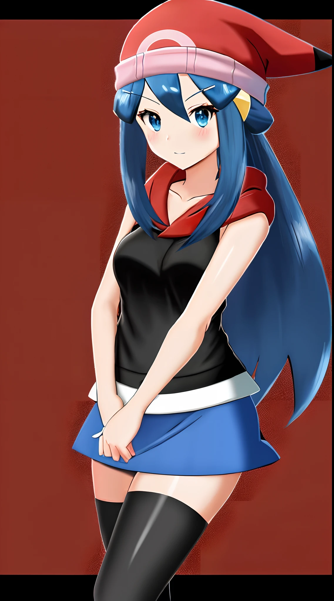dawn\(pokemon\), medium breasts, black shirt, long hair, beanie, hair ornament, hairclip, collarbone, blue hair, blue eyes, mini skirt, red scarf , thighhighs, red skirt,