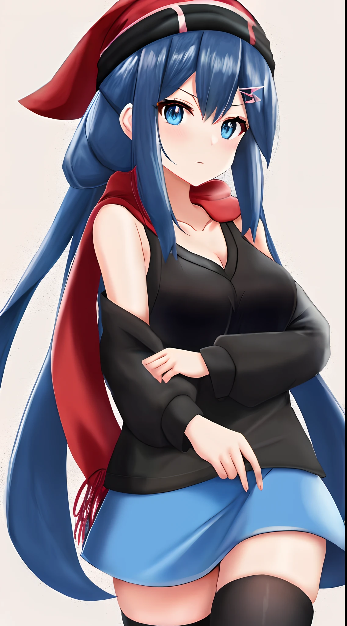 dawn\(pokemon\), medium breasts, black shirt, long hair, beanie, hair ornament, hairclip, collarbone, blue hair, blue eyes, mini skirt, red scarf , thighhighs, red skirt,