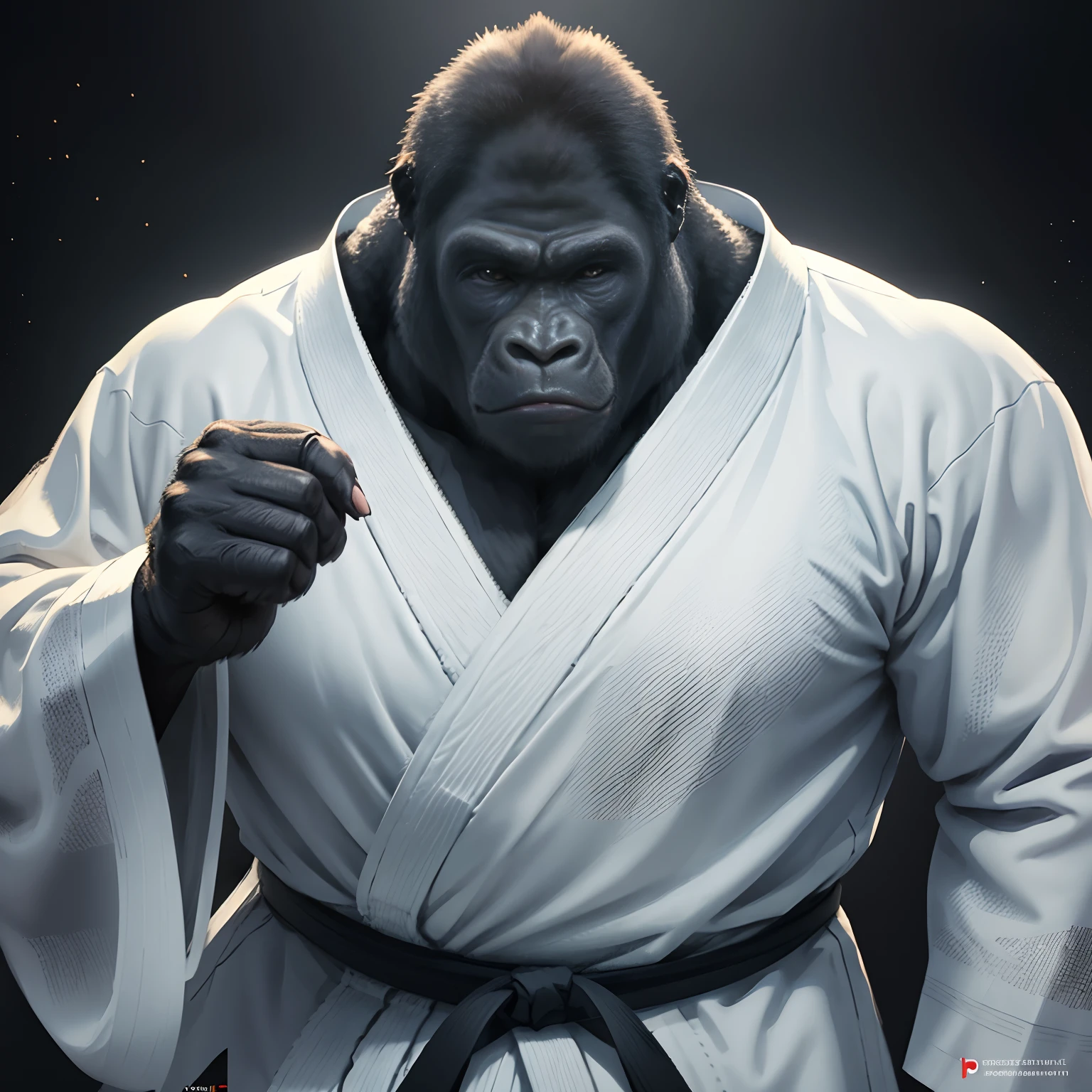 Gorilla in white judogi The obi of the judogi is black Judogi has a thick texture Gorillas are barking Judogi draw in detail