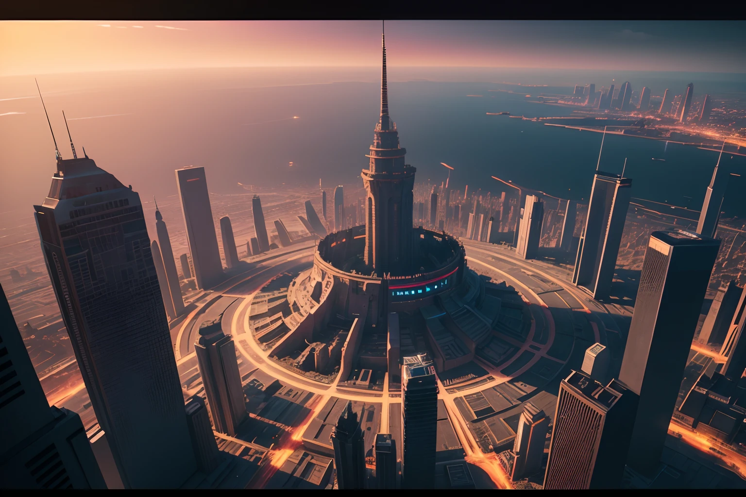 the classic tower of babel, ancient architecture style, in the middle of cyberpunk futuristic city, dwarfing all other buildings, glowing neons, view from elevated point of view, hy-res, 8k