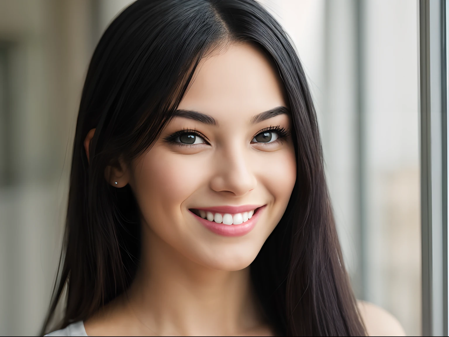 Realistic girl, black hair, wearing a glass, sexy lips, beautiful smile, capture on best camera