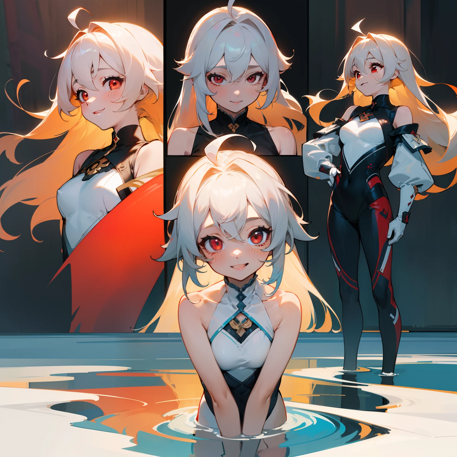 ((masterpiece)), ((high detail)), 1girl, ((ultra-detailed)),((delicate face)), Beautiful detailed eyes, doff eyes, gradient hair,hairs between eyes,white hair, long hair,red eyes,genshin_impact,pool background, standing, smiling face,((Happy face)),((ahoge)), character design, there are 4 image panels : The first panel is the front of the character; the second panel is the back of the character; third panel on the right side of the character; fourth panel to the left of the character , full body, white Swimwear, deep red eyes, cunny,