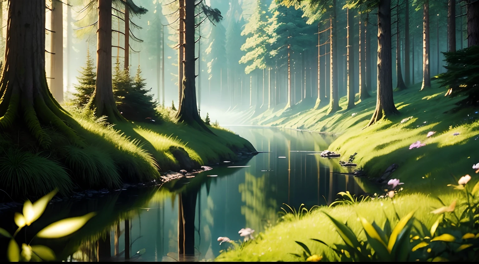 Summer forests in Switzerland、Dark lake、Luminous insects