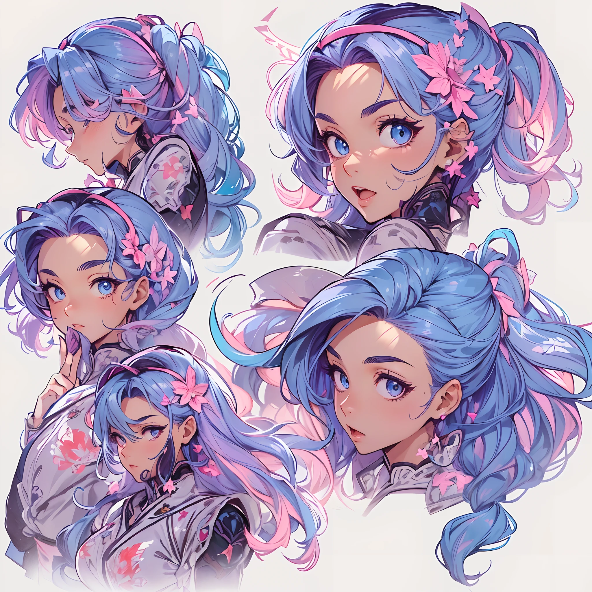 ((Masterpiece, Highest quality)), Detailed face, CharacterDesignSheet,full bodyesbian, perfectly proportions,Full of details, Multiple poses and expressions, Highly detailed, Martial arts girl,Seductive,Blue-pink gradient hair color,Detailed eyes, ssee-through,lacepantyhose,High Balance, Overhead halo,Natural light,Star decoration