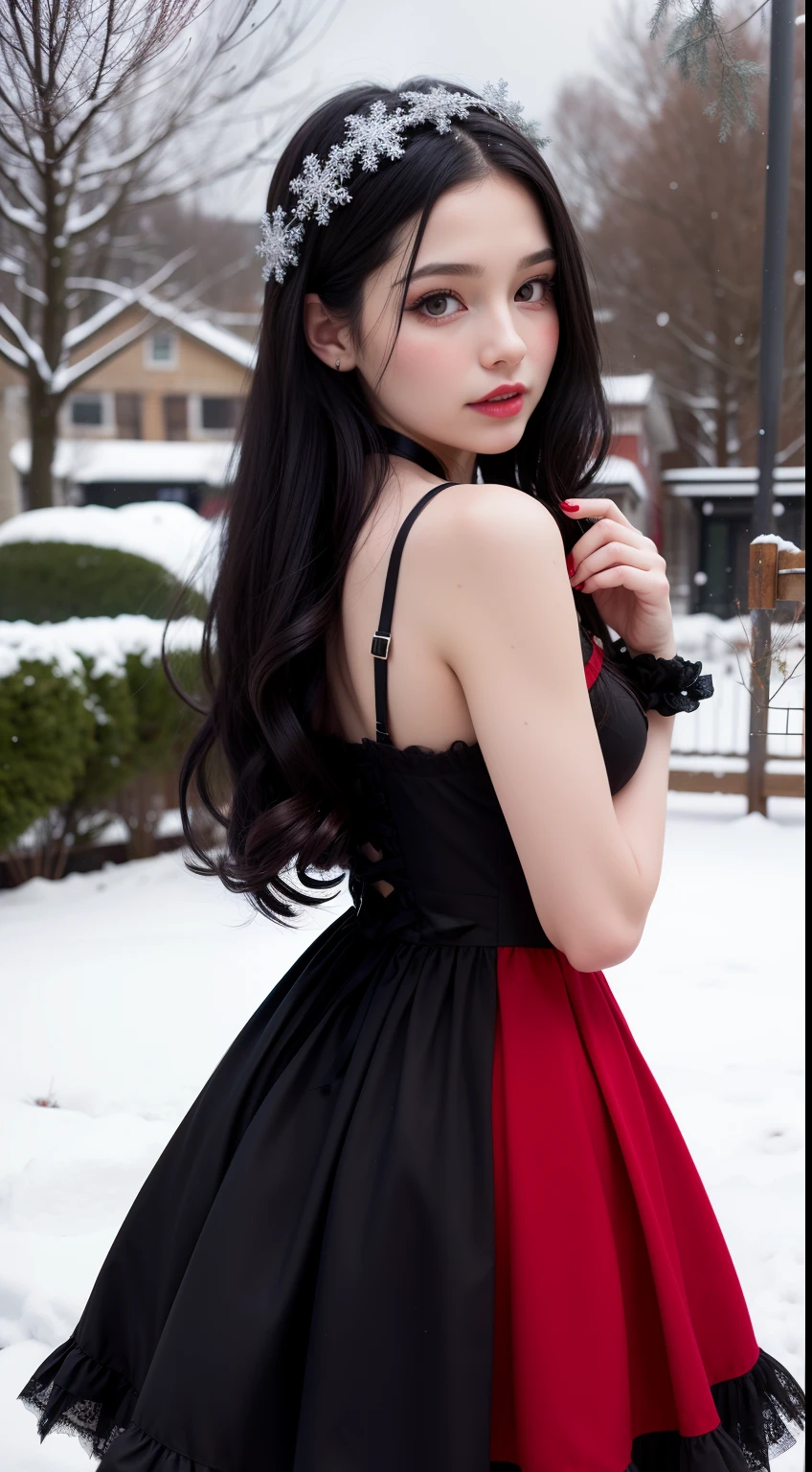 Christmas girl, black long hair Emo Pin up Girl, christmas dress, Striking a pose, natural make up, skinny innocent, in a snowy garden, heavenly, midshot, centered image, good girl, innocent girl