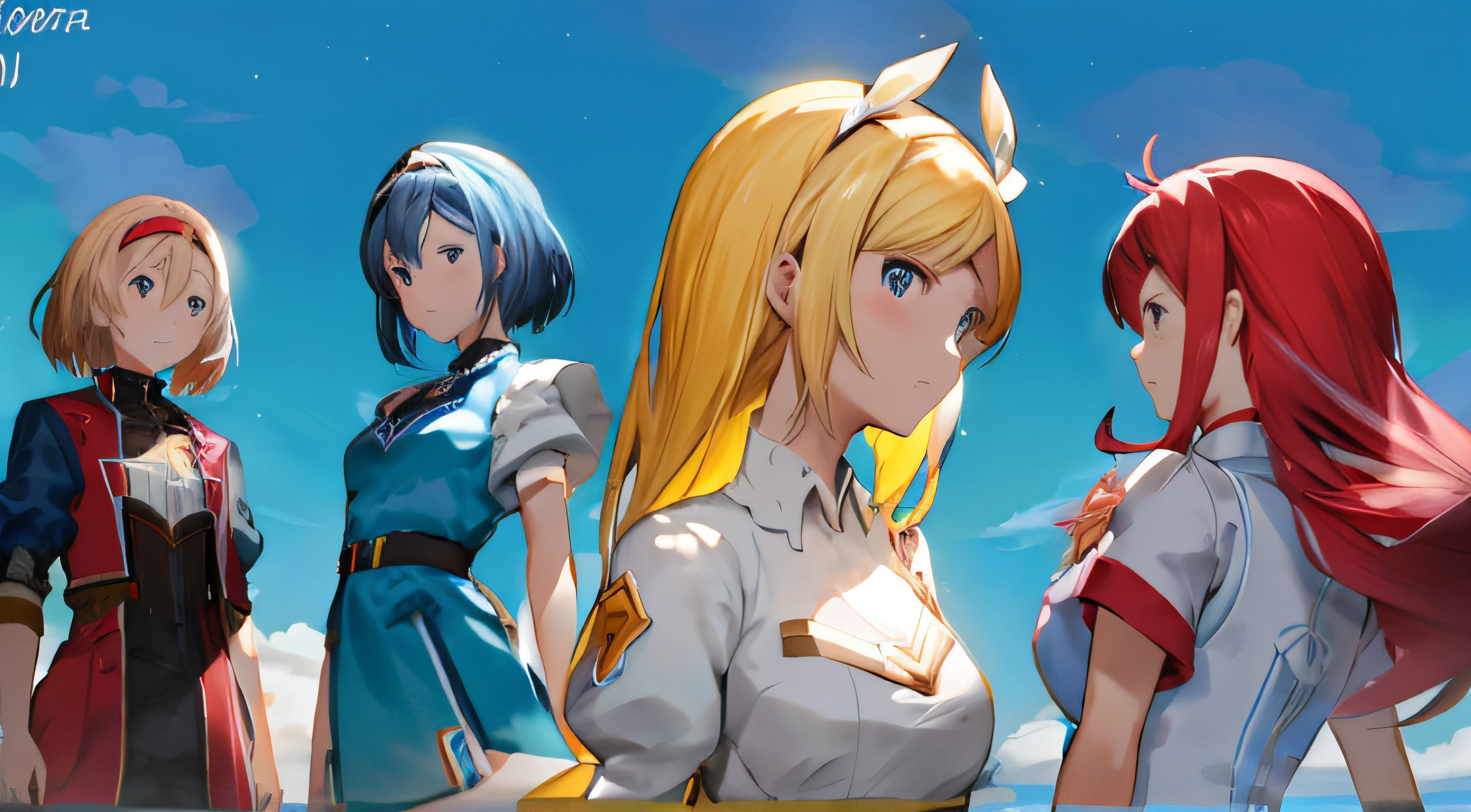 Anime characters standing in a line with a blue sky in the background, Cushart, Ilustraciones oficiales, Cushart Krenz Key Art Femenino, Cushart Kenz, Personajes de Azure Lane, Artgerm y Atey Ghailan, Krenz Cushart y Artgerm, Macross Delta Splash Art, arte oficial, Del videojuego Azure Lane