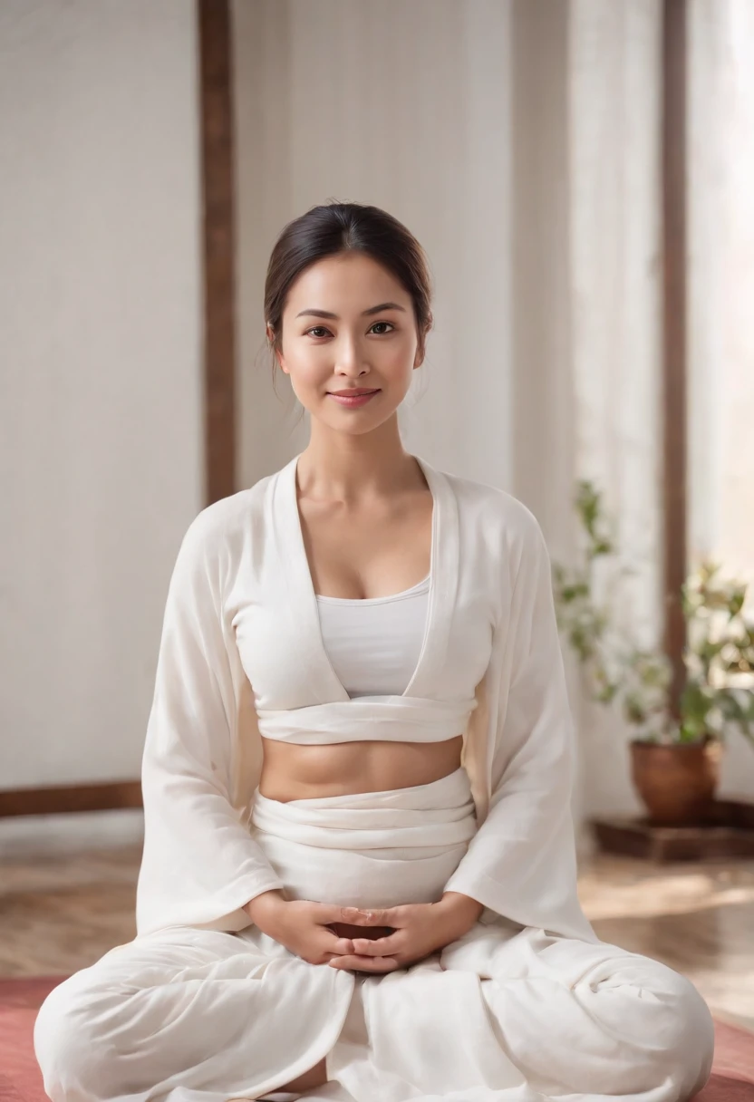 Image of a Buddhist woman,the breasts are large,With a mother's smile, Detailed face, Wear white transparent clothes,Sit cross-legged on a warm meditation mat and meditate, Bright room. Candles are visible all around you, Symbolizes peace and relaxation.The background is a natural and active painting、Quotes for inner happiness and prosperity, Particles of Light.