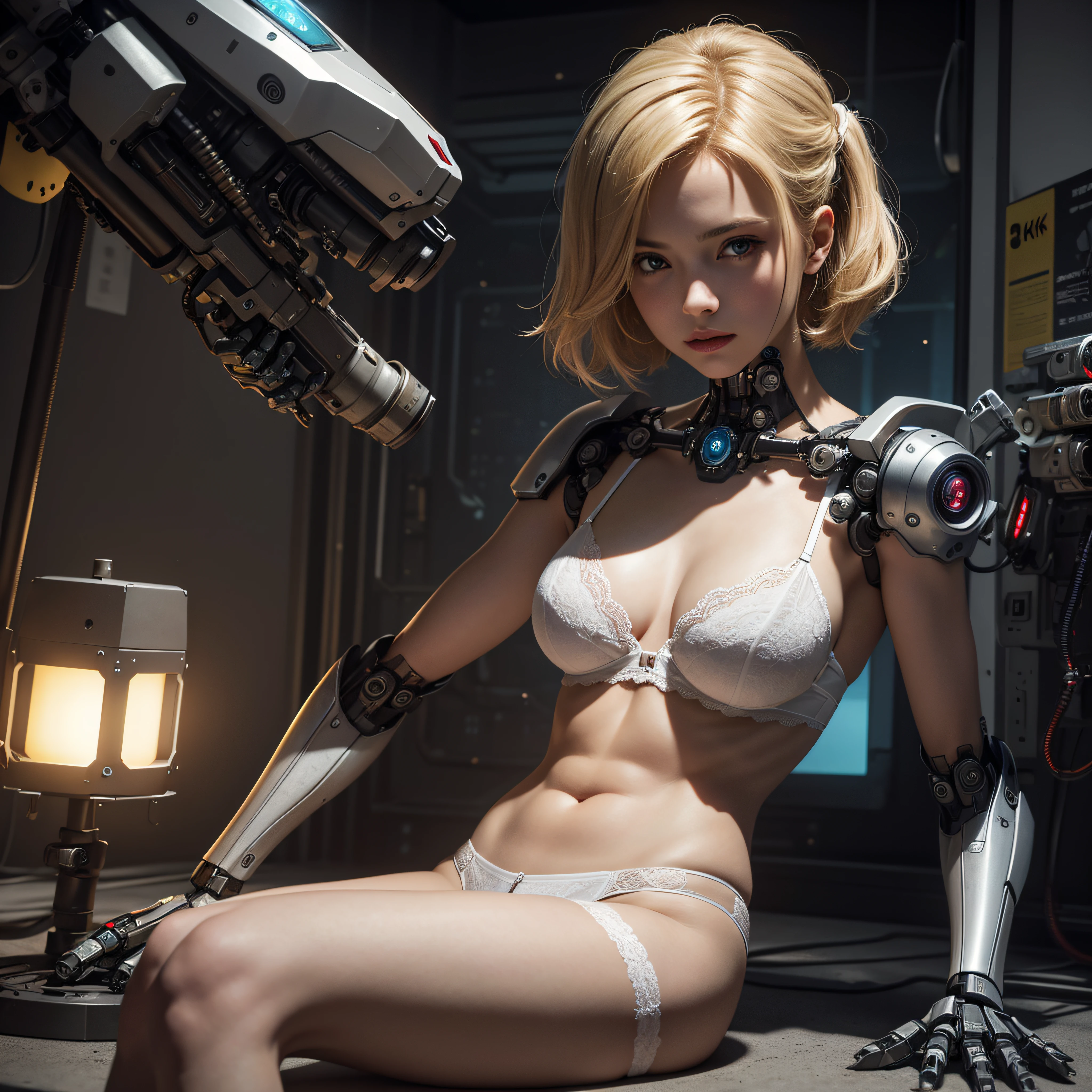 ((calidad superior)), ((obra maestra)), ((realista)), (Los detalles), (fotorrealista:1.5), puppet, marioneta de nadera humanoides tendidos en un piso de concreto, Science-Fiction, HDR, Trazado de rayos, NVIDIA RTX, Los ultra-Highres, Irreal 5, Sub-Surface Scatterring, PBR texturizado, Post-procesamiento, Anisotropic filtering, Profundidad de campos, maximum sharpness and sharpness, Regla de los tercios、8K RAW、(Luminescent Particles:1.4)、(super-detailed CG、Unidad 8k Fondos de pantalla、lighting like a movie、destello de lente、foco nítido. Blonde girl with white lingerie, Robotic Parts, Cannons, Armas, pistola, Arte cyberpunk、arquitectura cyberpunk