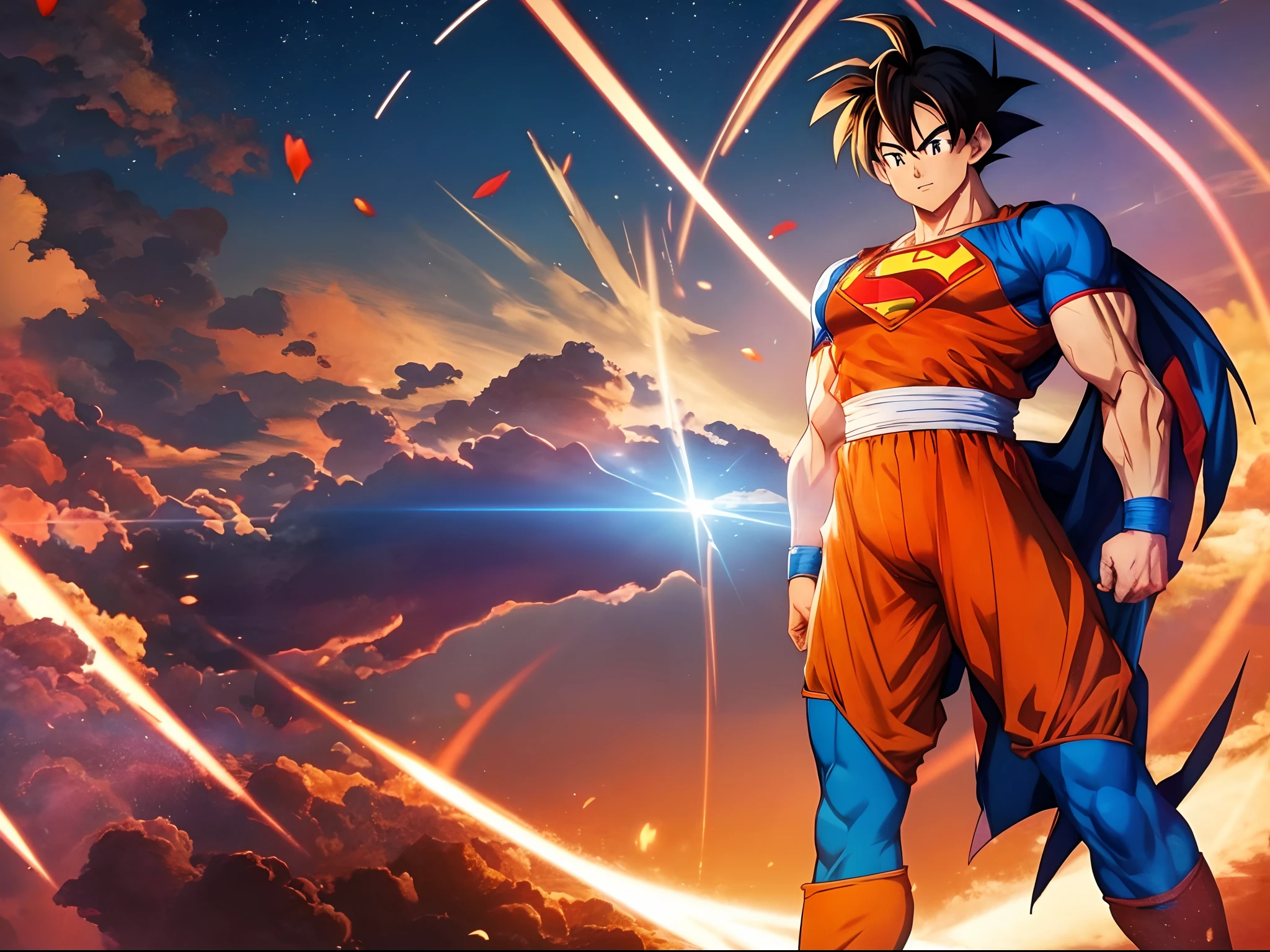 Goku with Superman costume, toei animation style, anime style, anime, bust, Highly detailed, Son Goku with Superman costume, Human anatomy, humanoid, Dragon Ball Z Sketch style, 8k resolution, alone, one person, Superman merged with Goku from Dragon Ball Super